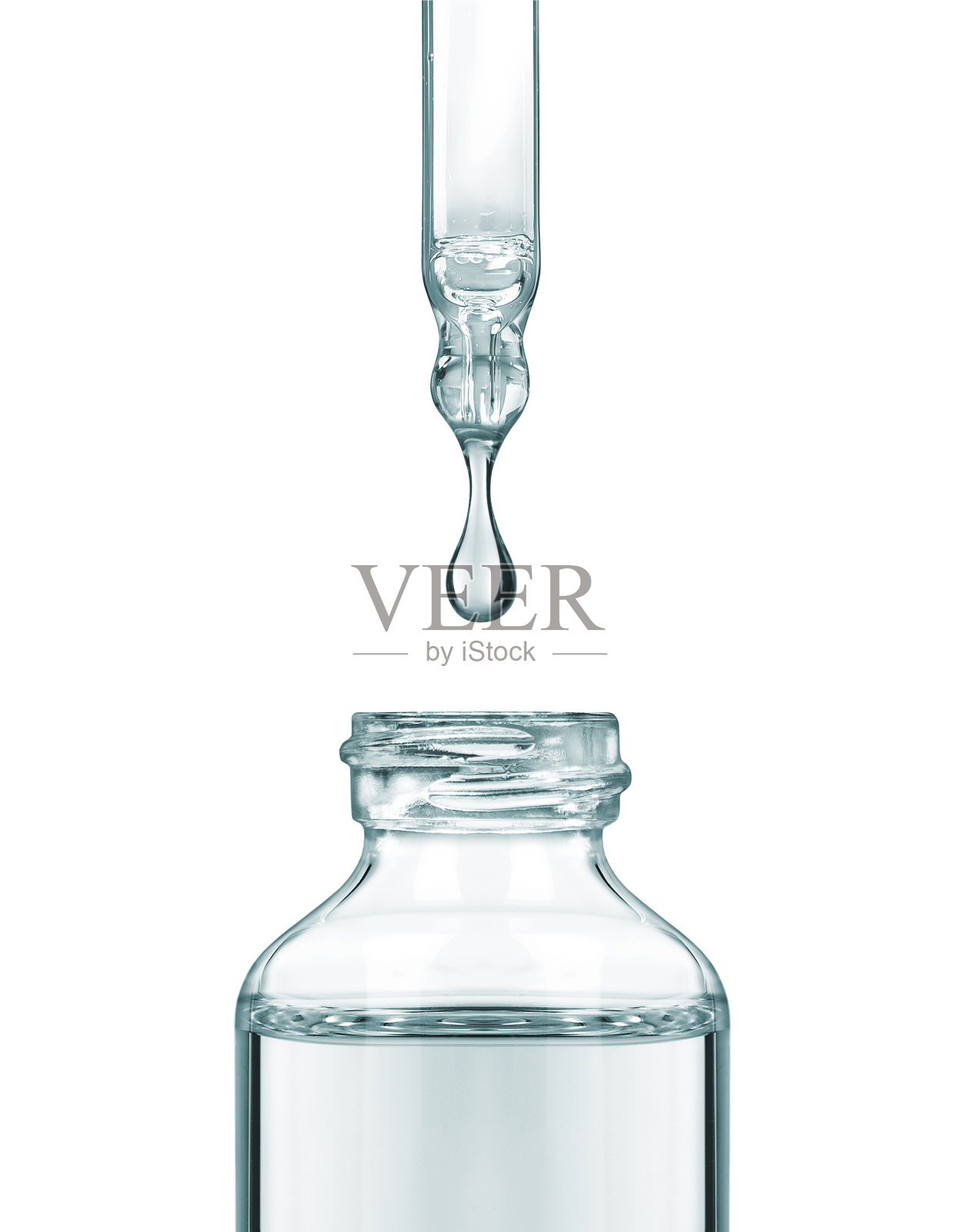 一滴液体从移液管掉进化妆品瓶中，孤立在白色背景上照片摄影图片
