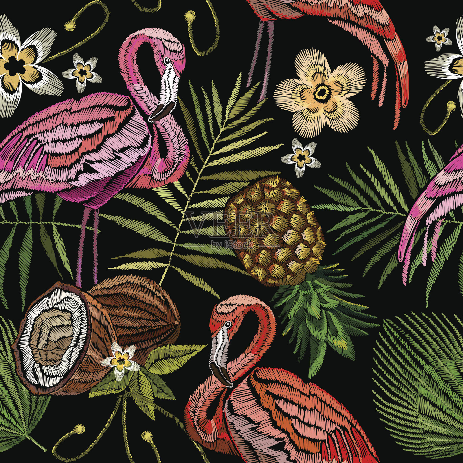 刺绣火烈鸟、棕榈树叶子、菠萝、椰子热带无缝图案。时尚刺绣粉红色火烈鸟，热带夏季背景。时尚的服装设计模板插画图片素材