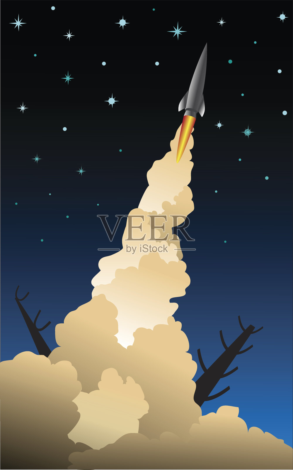 在太空火箭中起飞，火焰和烟雾插画图片素材