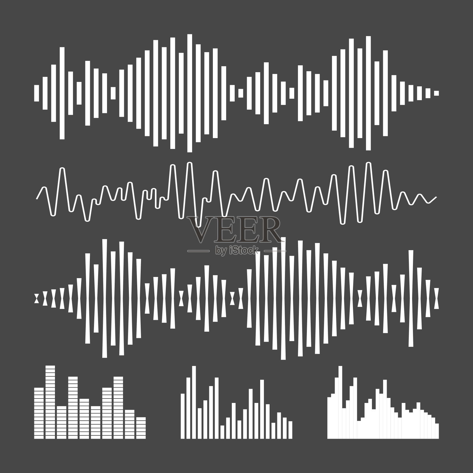 矢量声波形图标。在黑色背景上的声波和音乐脉冲矢量图。插画图片素材