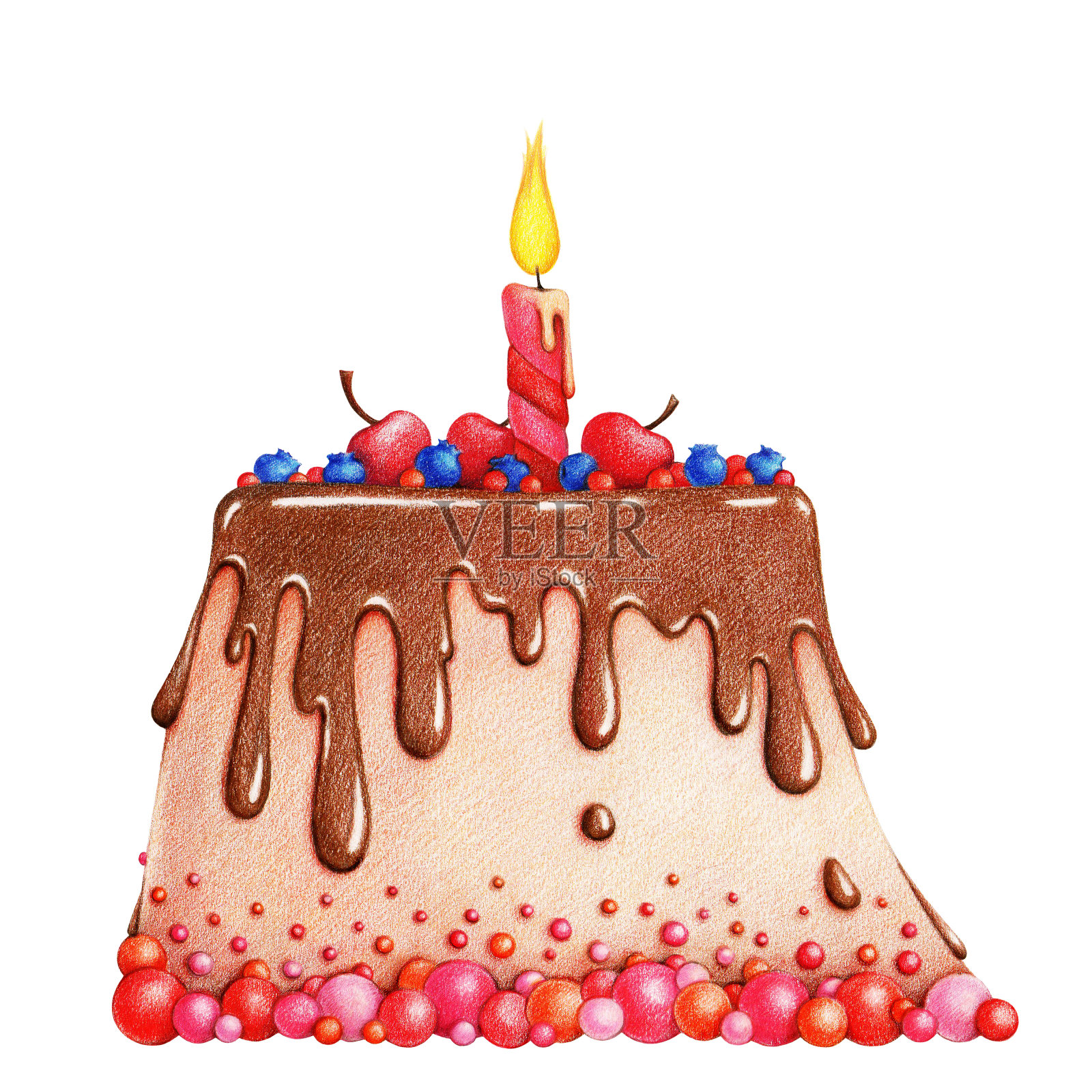 手绘蛋糕与巧克力釉，浆果，樱桃和蜡烛的颜色铅笔在白色的背景插画图片素材
