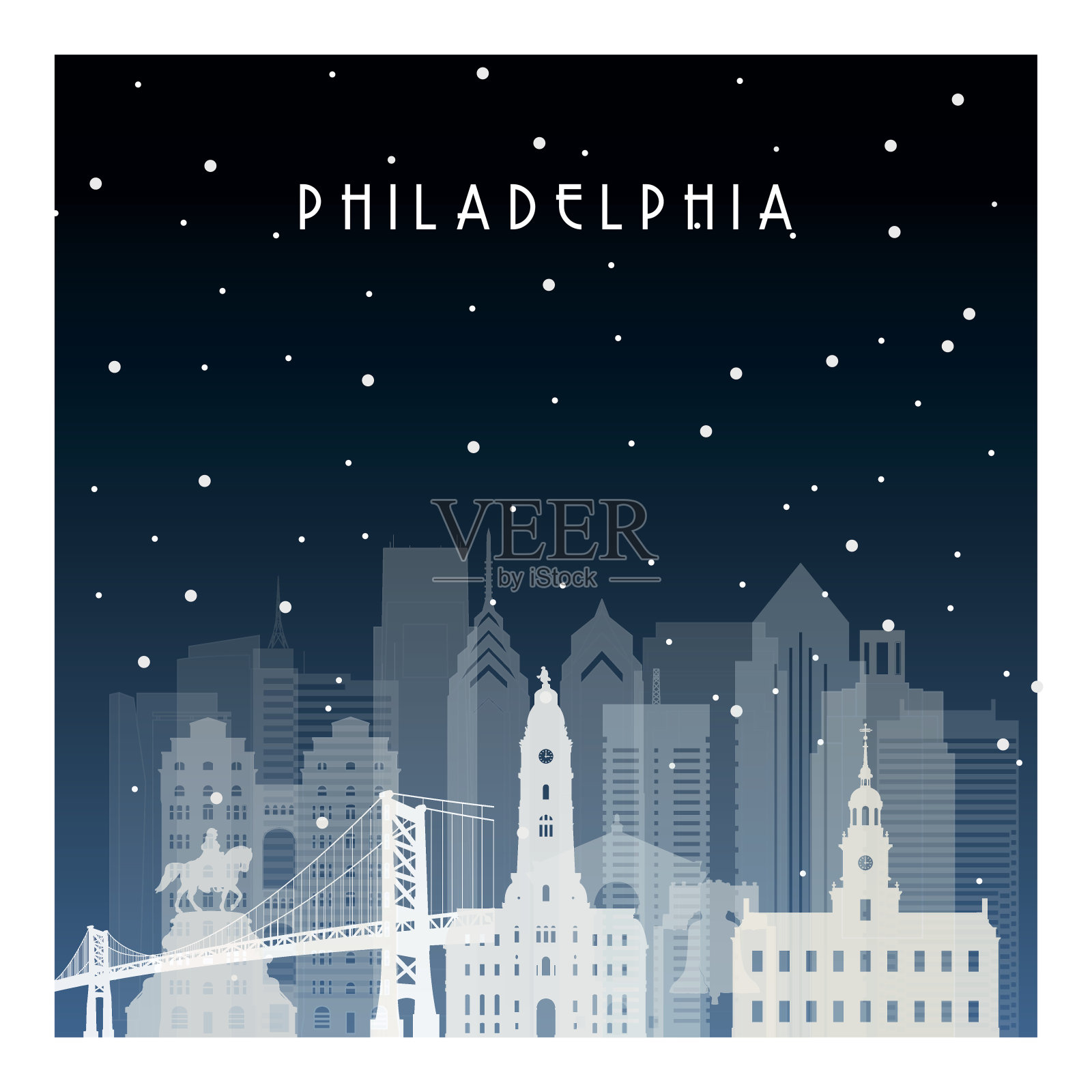 费城的冬夜。夜晚城市在平面风格的横幅，海报，插图，游戏，背景。插画图片素材