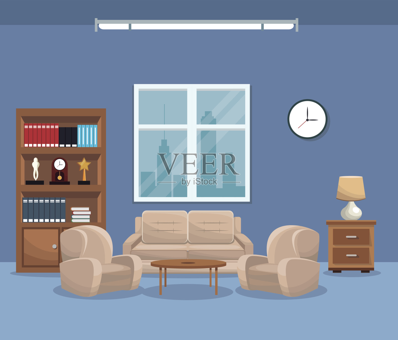 客厅，沙发，书柜，台灯，窗户，时钟插画图片素材