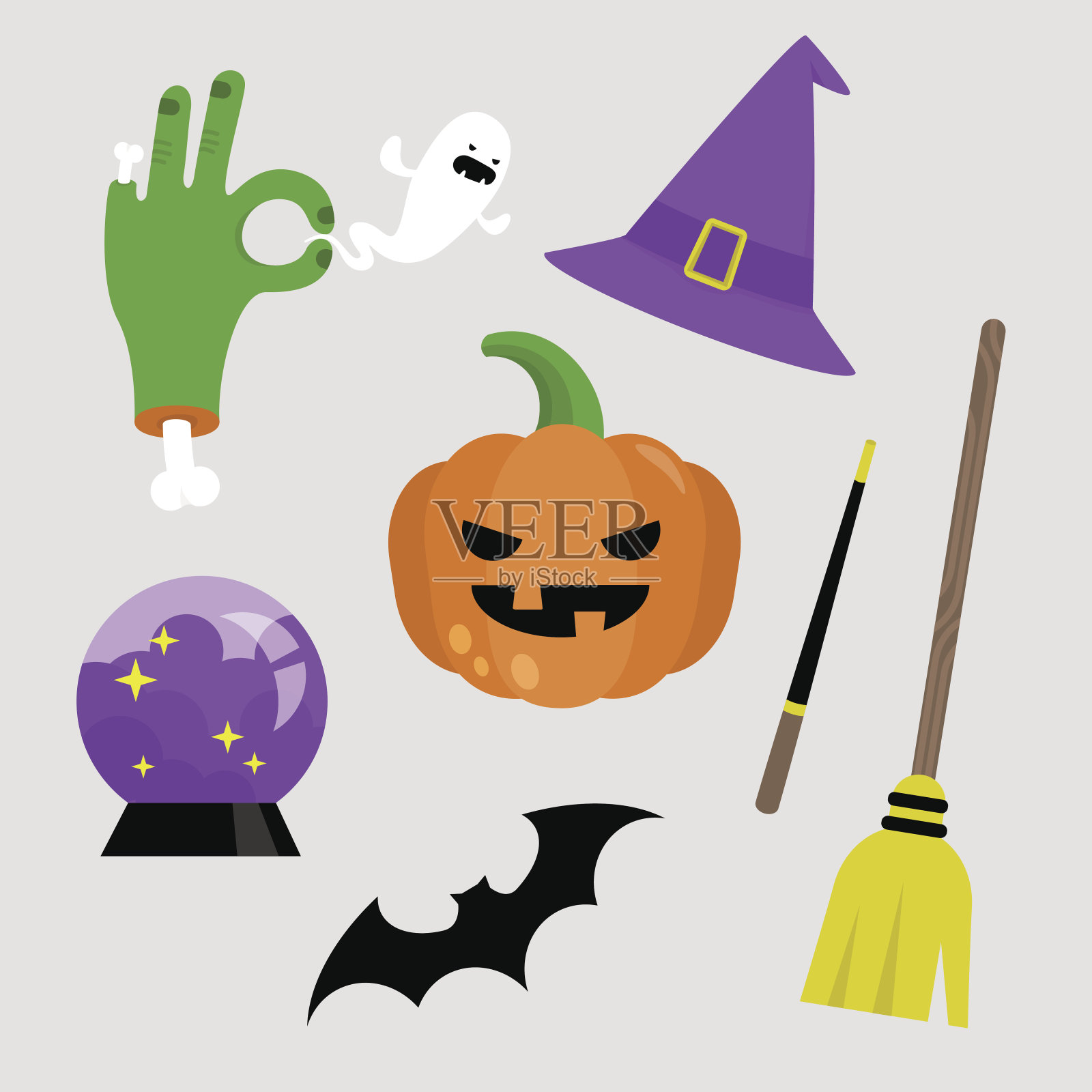 万圣节贴纸包。万圣节的图标。南瓜，扫帚，女巫帽，僵尸手，幽灵，蝙蝠，魔杖和水晶球插画图片素材