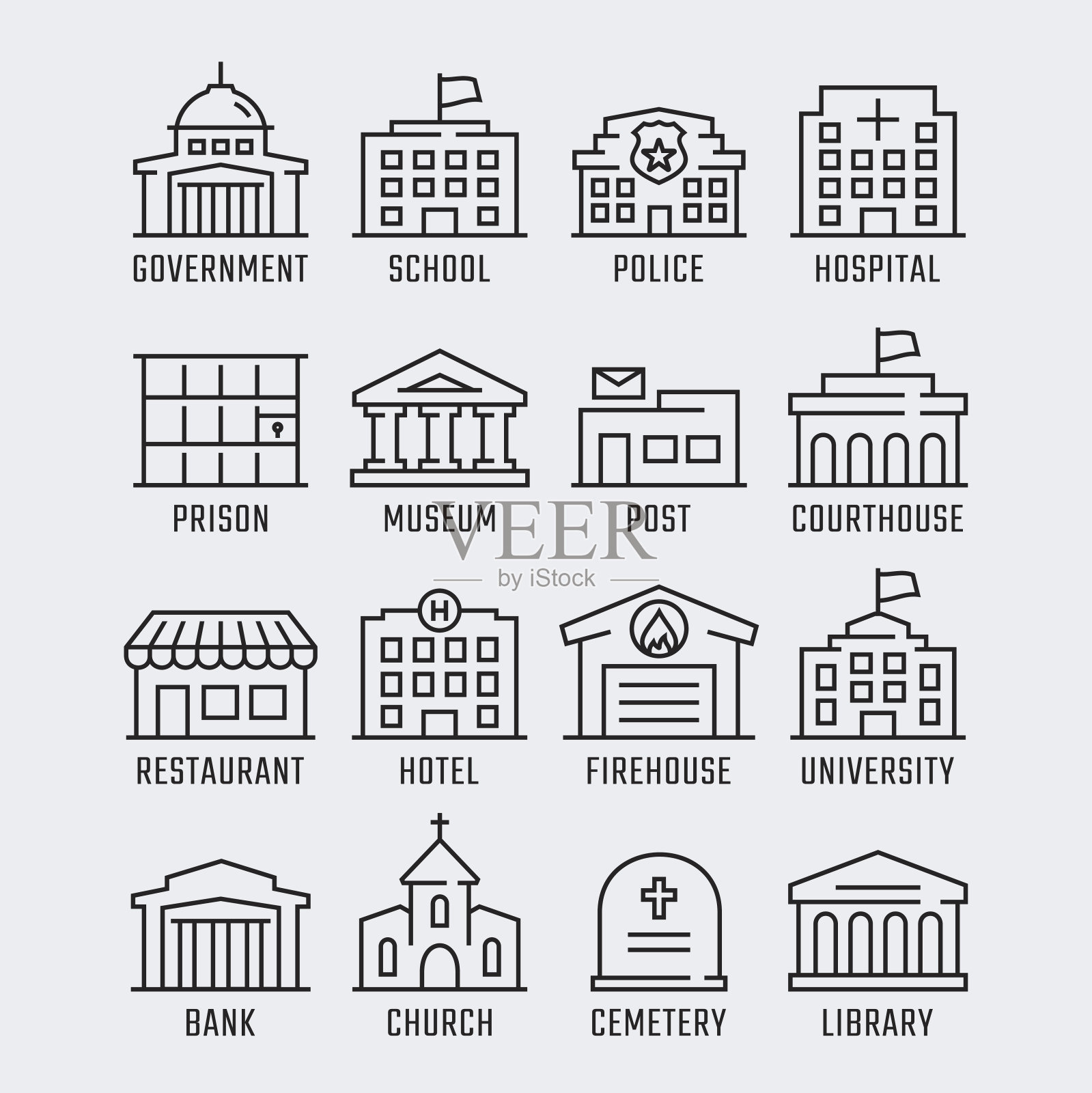 政府建筑矢量图标设置在细线风格插画图片素材