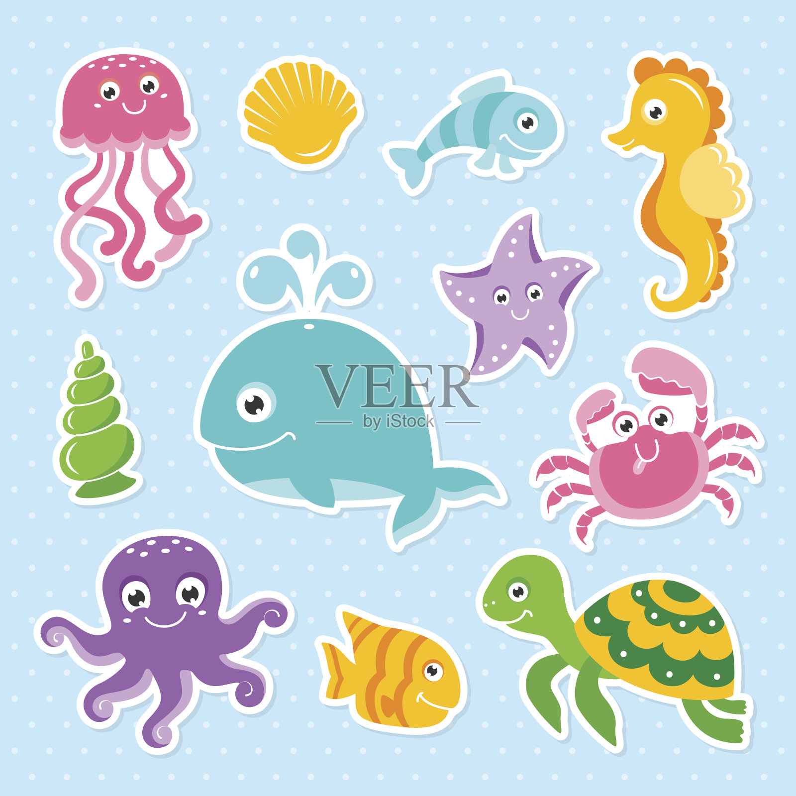 海洋与可爱的海洋动物章鱼，海龟，鲸鱼，海马插画图片素材
