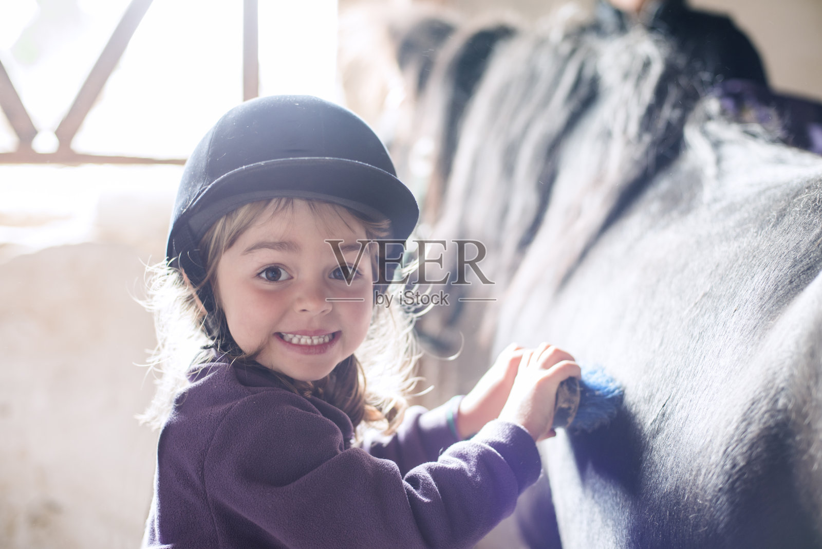 小女孩在梳她的小马照片摄影图片