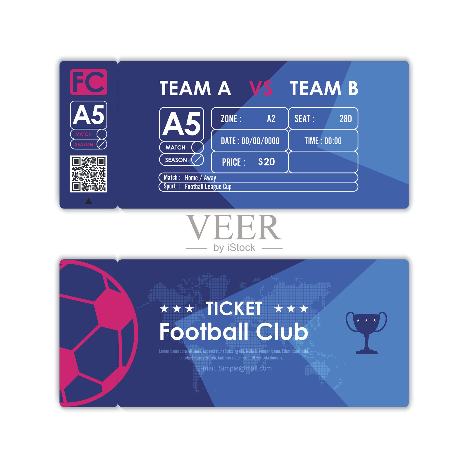 足球、足球票卡元素多色现代平面设计。矢量插图。设计模板素材