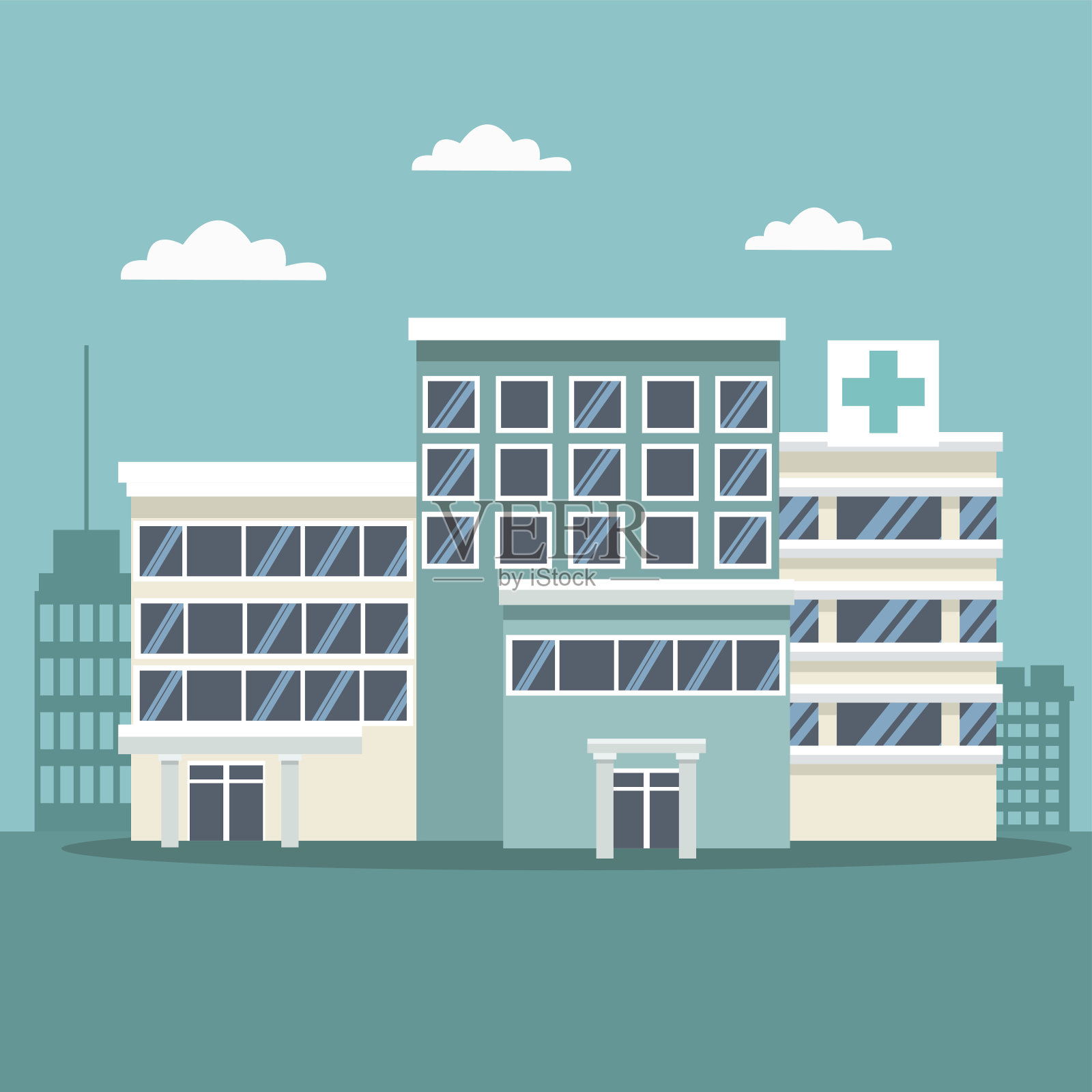 城市景观背景有建筑物和医院插画图片素材