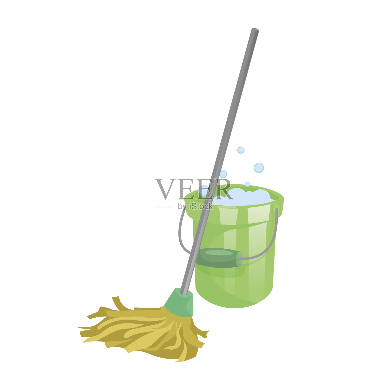 卡通房子和公寓清洁服务图标。带把手的旧干拖把和带气泡的绿色塑料桶。简单的颜色和梯度矢量插图。设计元素图片