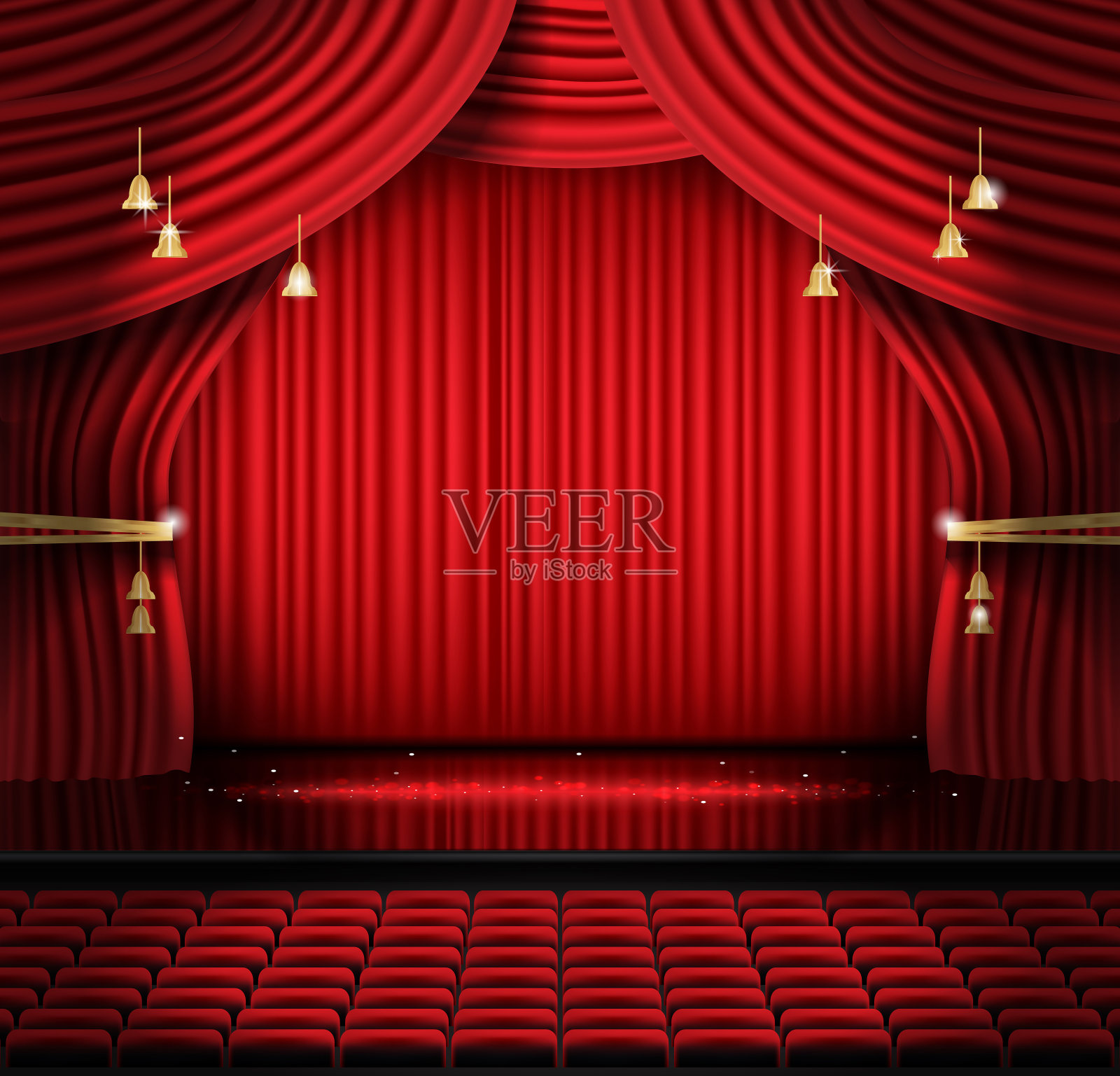 带有座位和拷贝空间的红色舞台幕布。插画图片素材