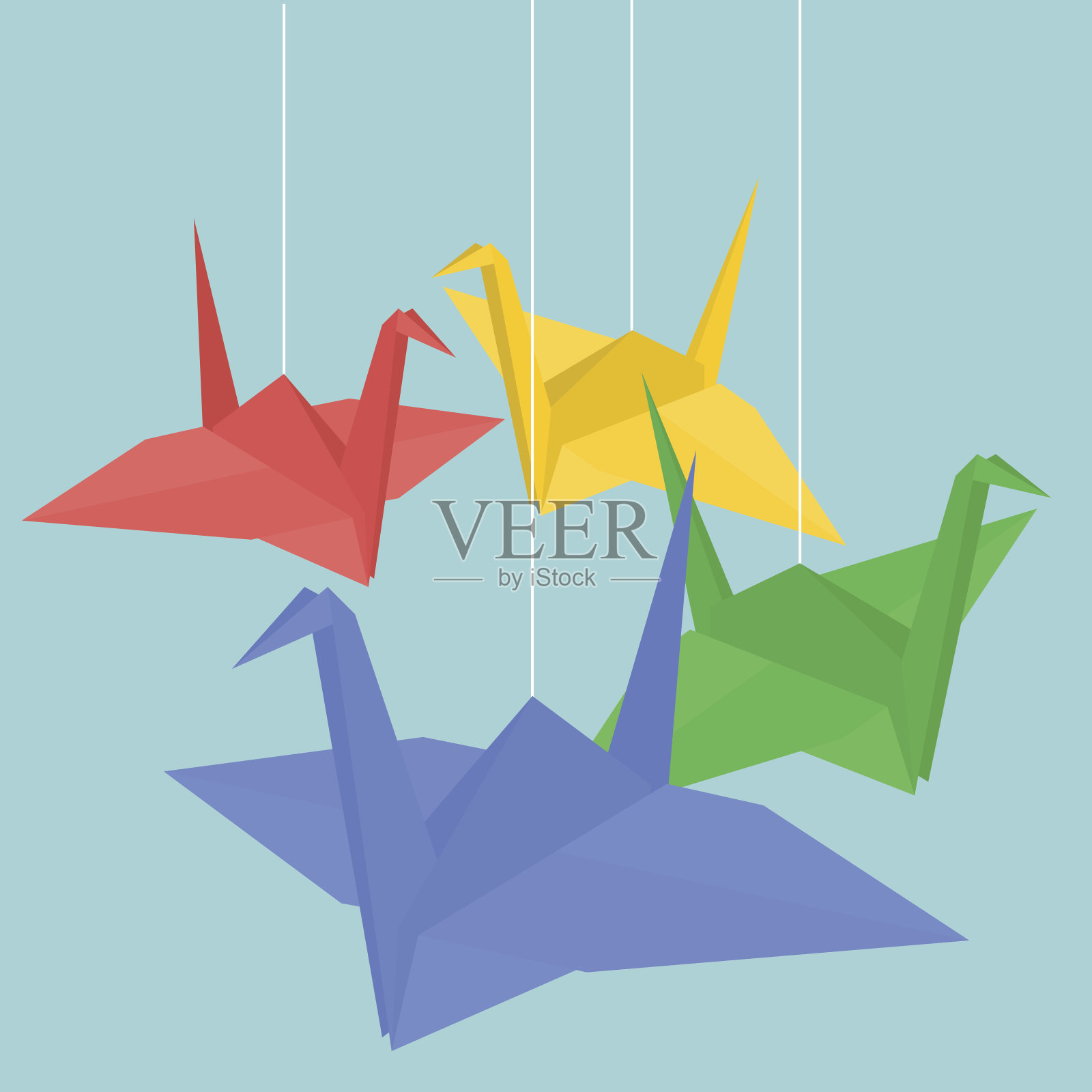 悬挂各种颜色的折纸鹤，平面设计矢量插画图片素材