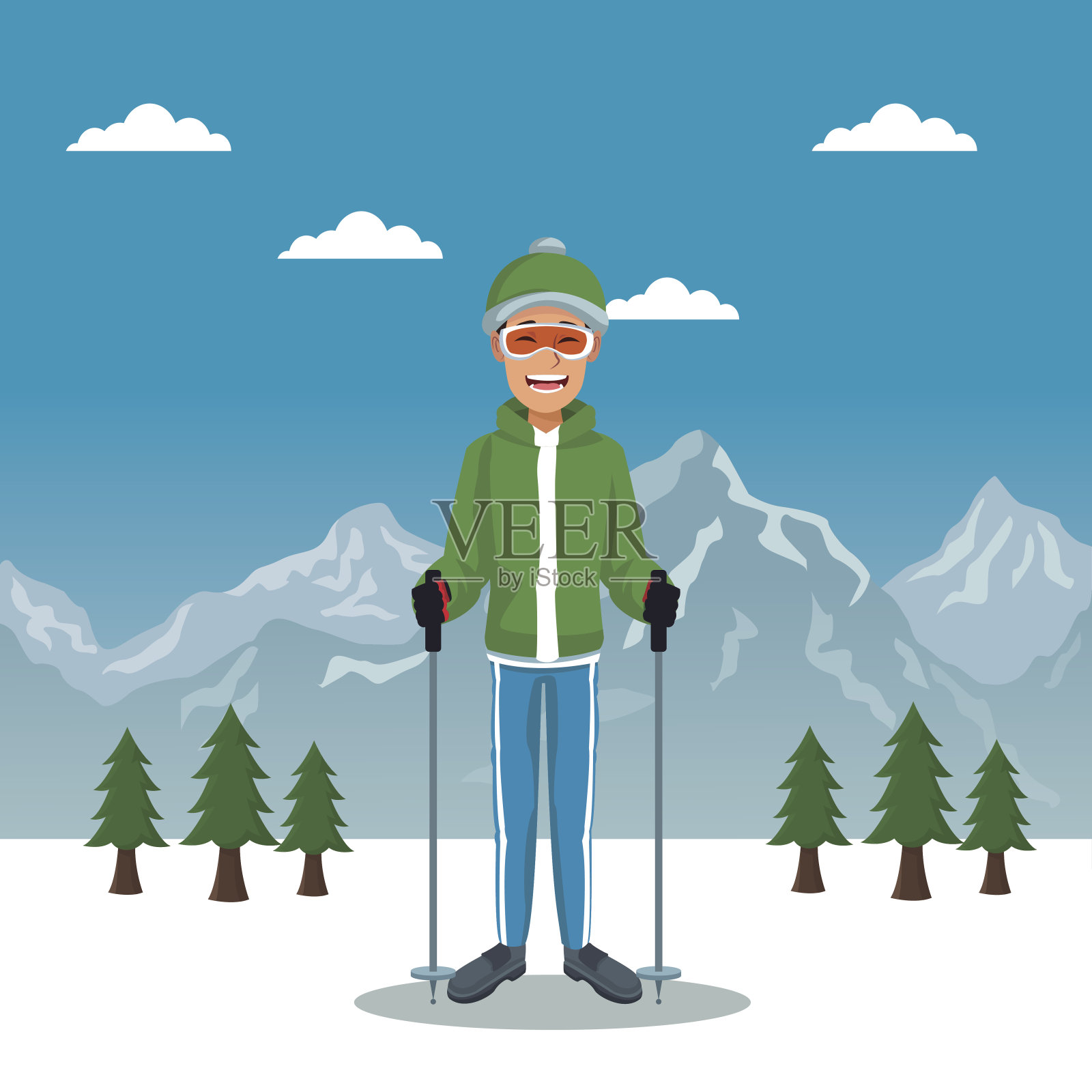 冬季山地景观海报与scaler家伙与设备插画图片素材