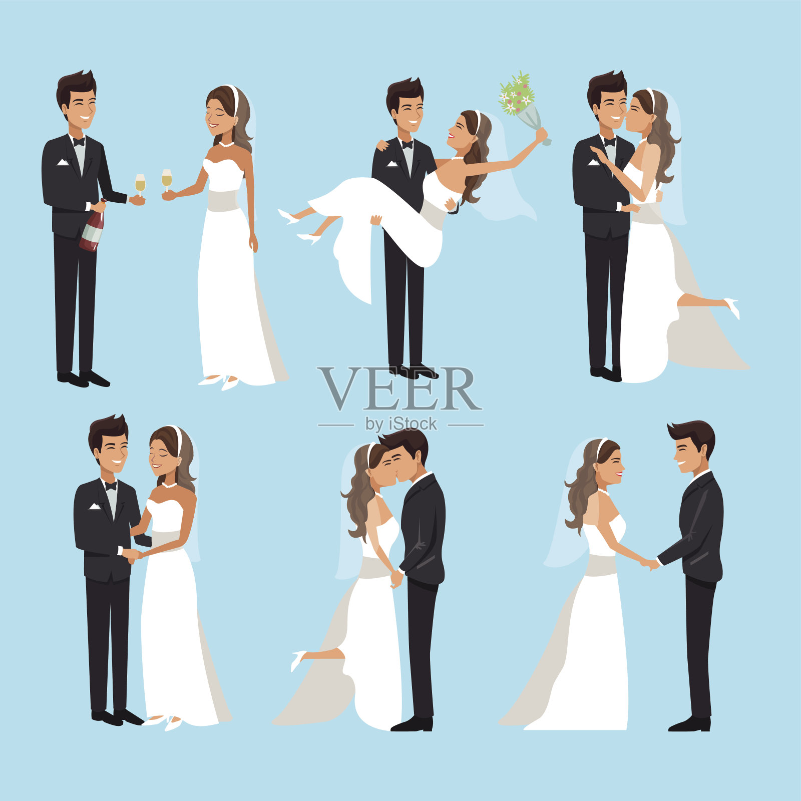 色彩背景与场景的新婚夫妇在不同的地位插画图片素材