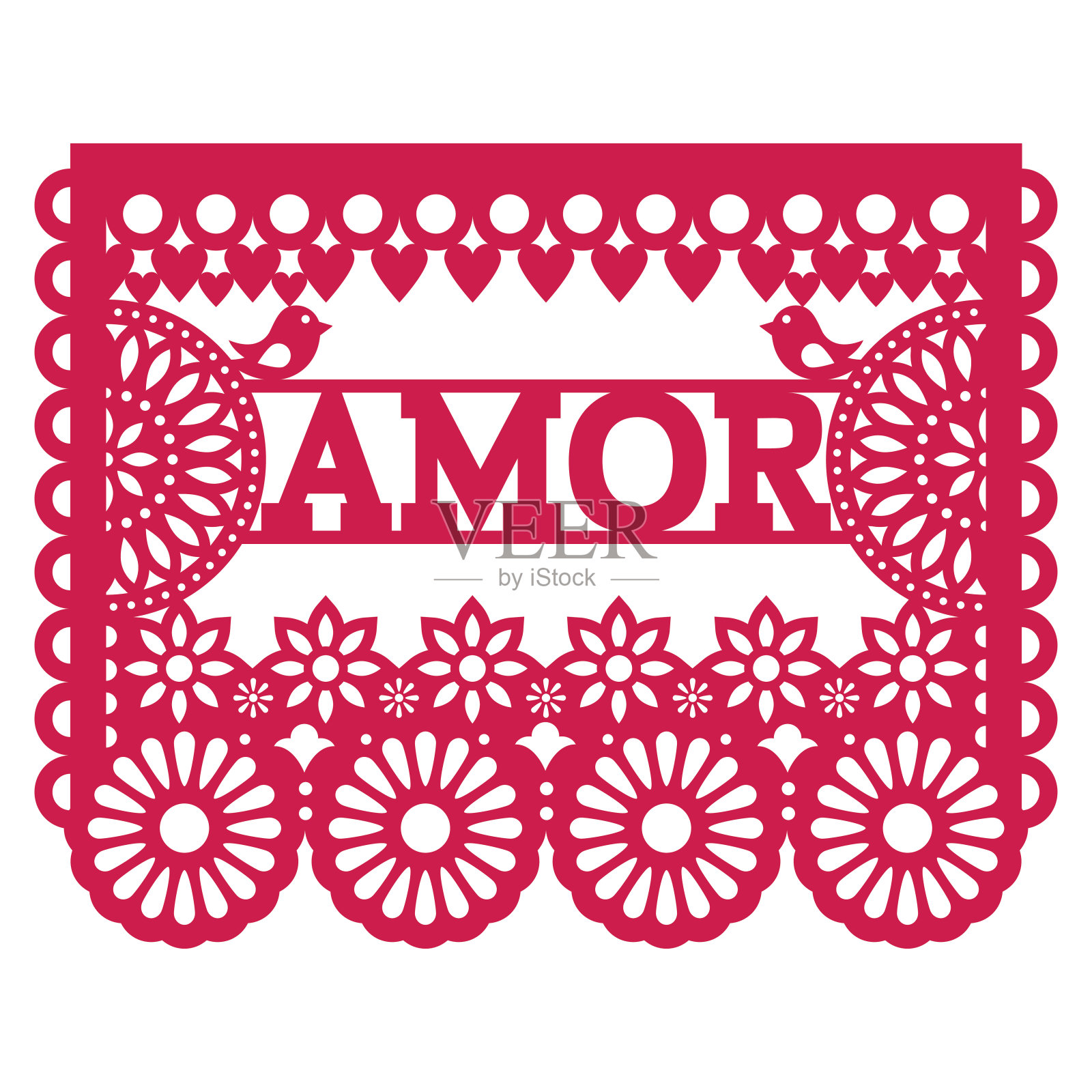 墨西哥Papel Picado设计-爱向量花环模式庆祝情人节，婚礼或生日插画图片素材