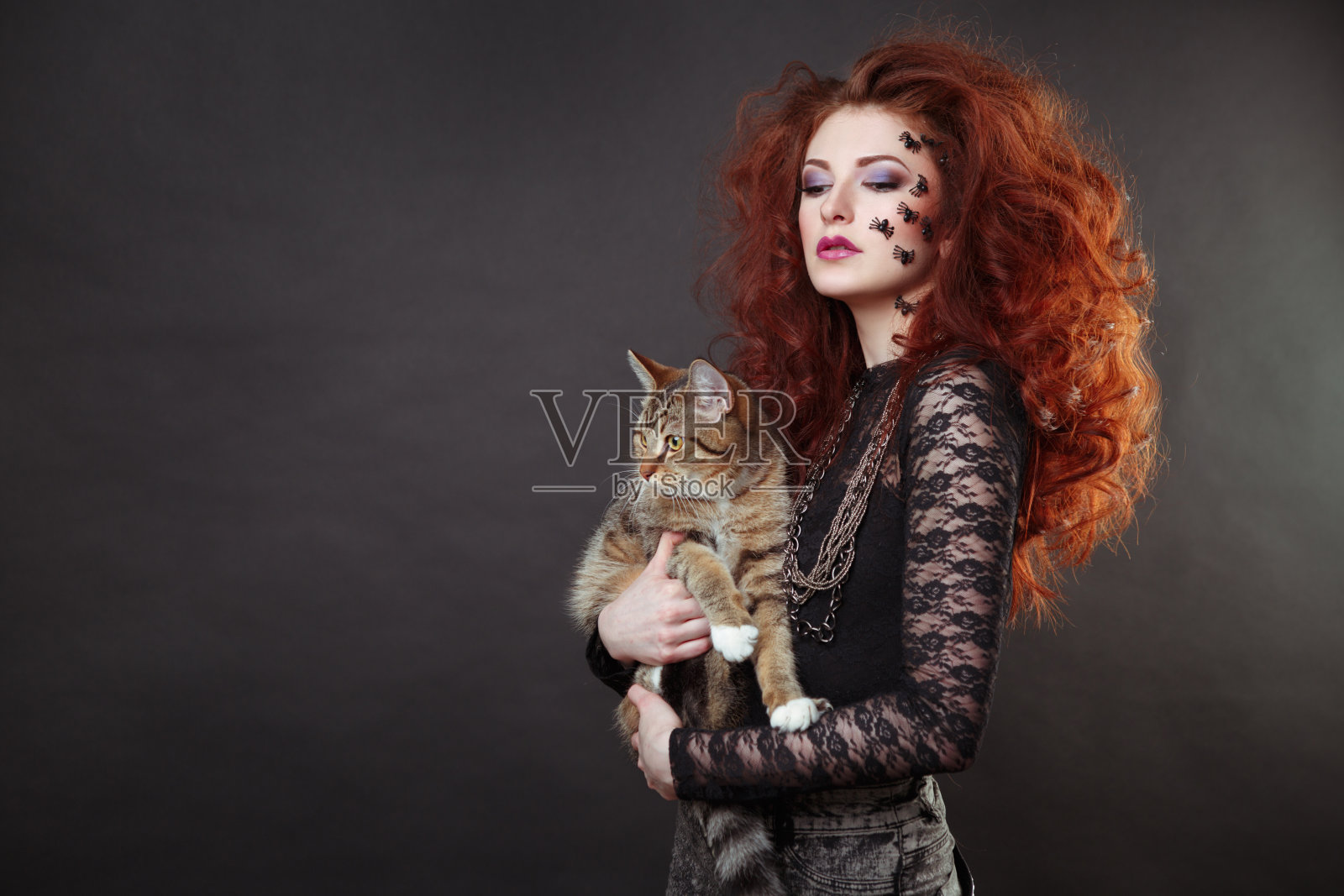一个美丽的红发女人的时尚肖像，她的脸上有蜘蛛和一只条纹猫在她的手中。照片摄影图片