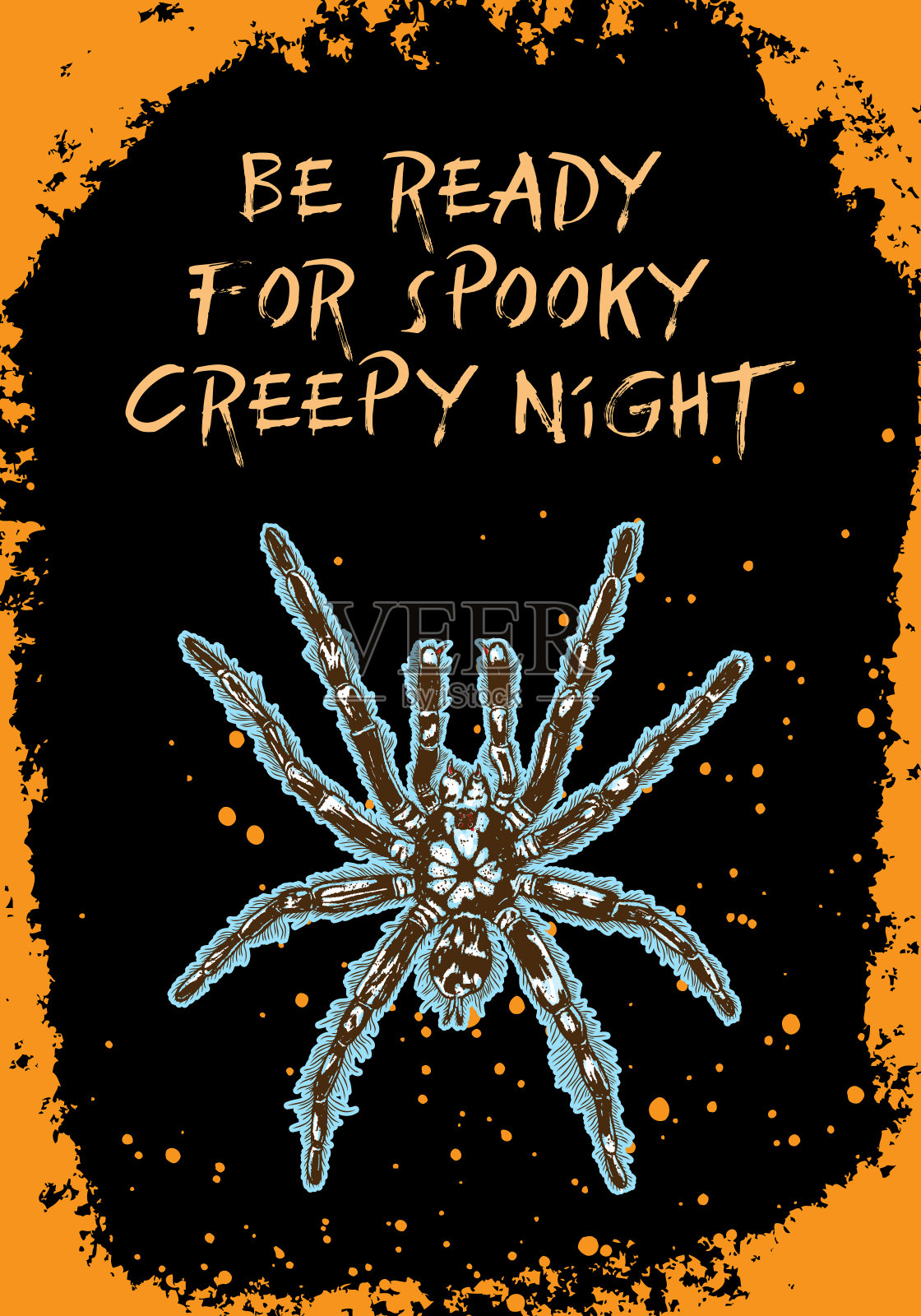 万圣节卡片上的毒蜘蛛黑色背景和橙色手绘框架与闪光。向量。插画图片素材