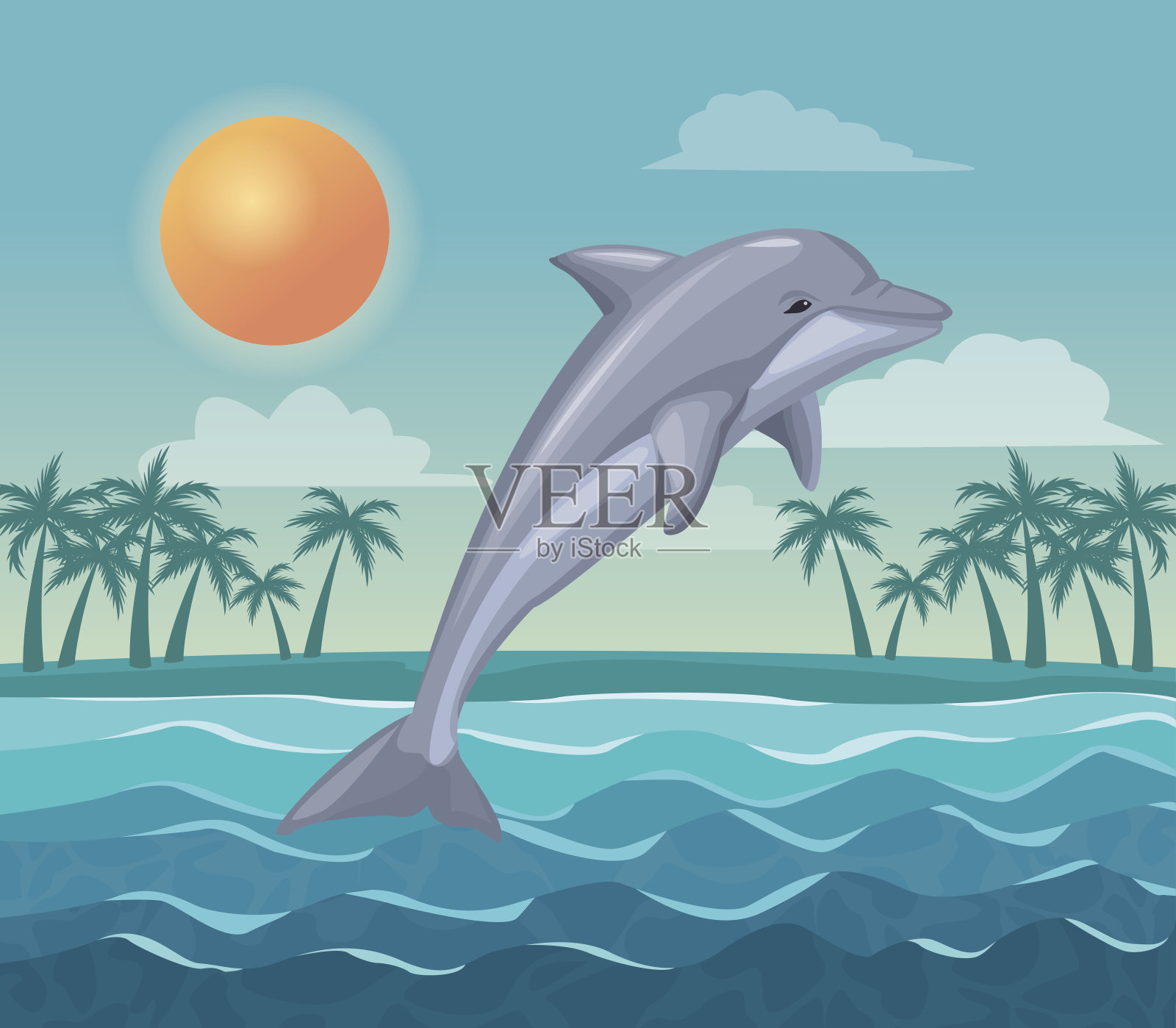 彩色的海报天空景观的棕榈树在海滩和海豚跳在海浪设计元素图片