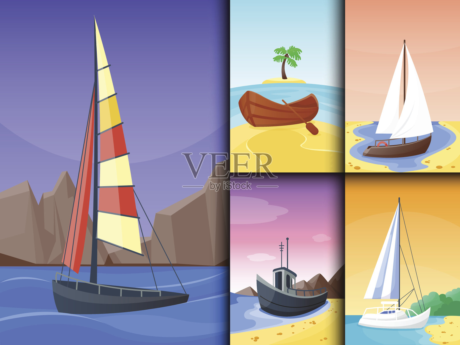 夏季时间船度假自然热带海滩景观天堂岛度假泻湖矢量插图插画图片素材