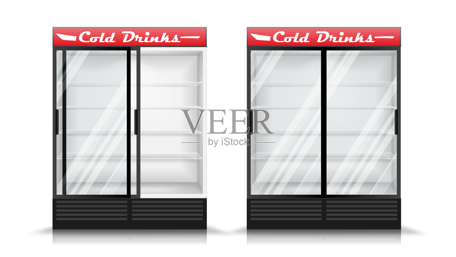 冰箱现实的向量。现代垂直的冰箱。前面板。两个玻璃推拉门。孤立的插图插画图片素材
