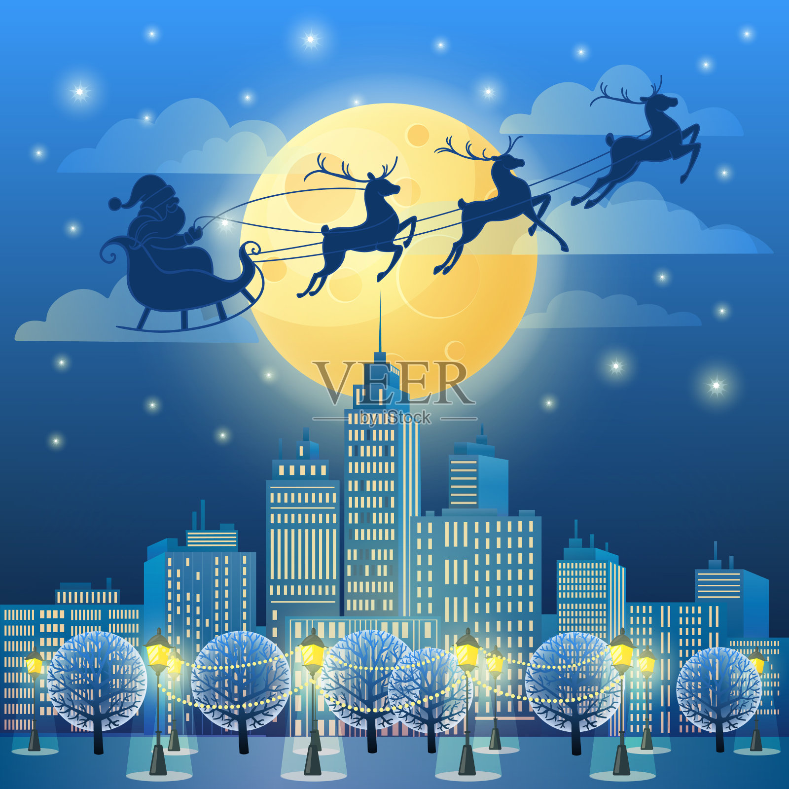 月光下的圣诞老人雪橇。圣诞和新年城市景观插画图片素材