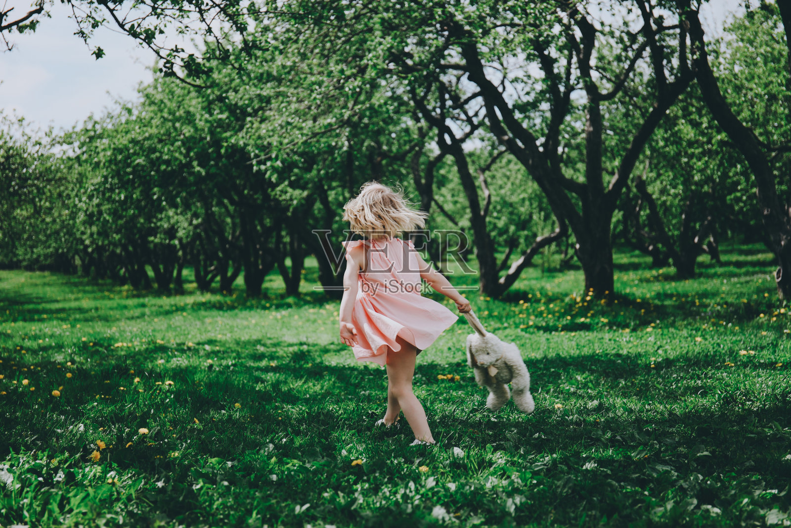 小女孩在草地上奔跑。照片摄影图片