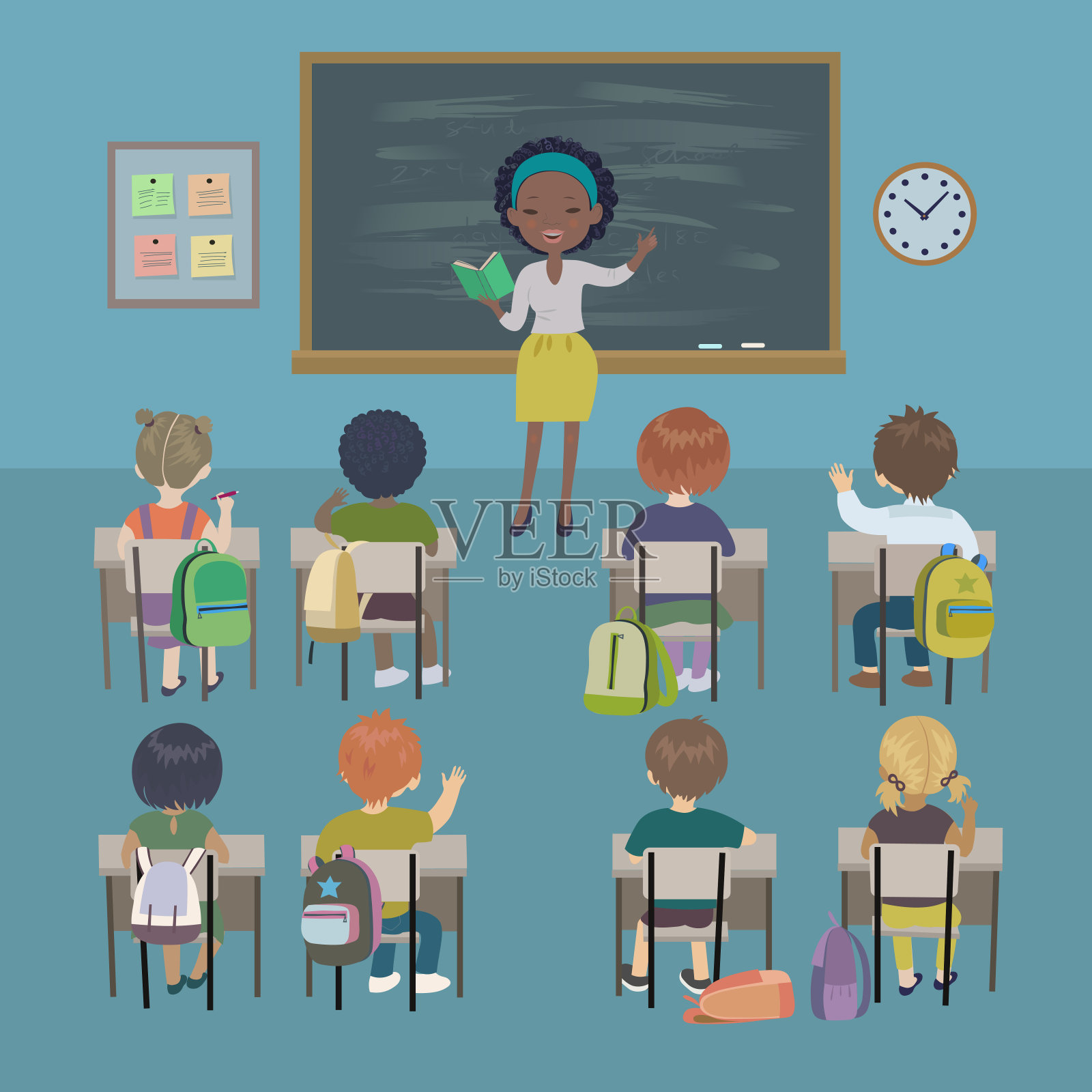 教师节的背景。学校的课。小学生和非裔美国教师在教室里。插画图片素材