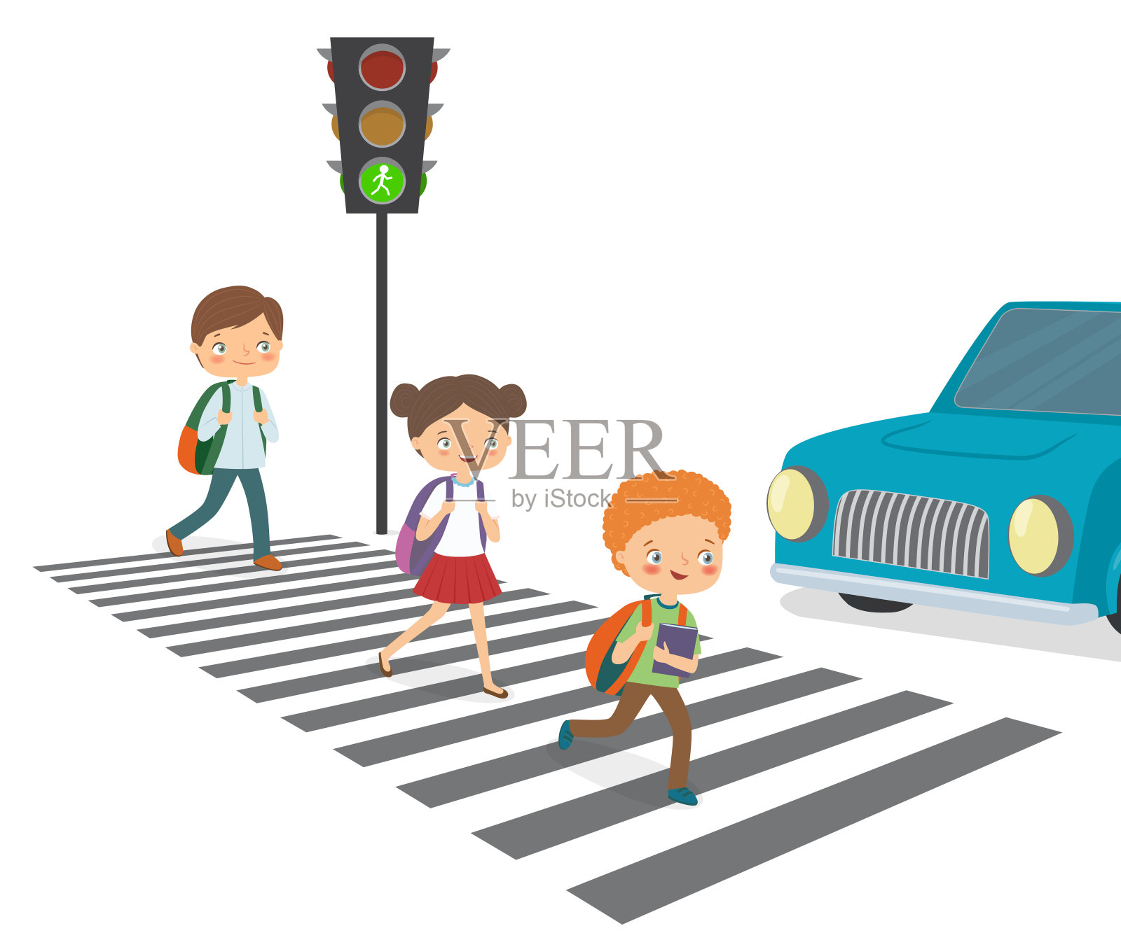 孩子们穿过马路到一个绿色的交通灯插画图片素材