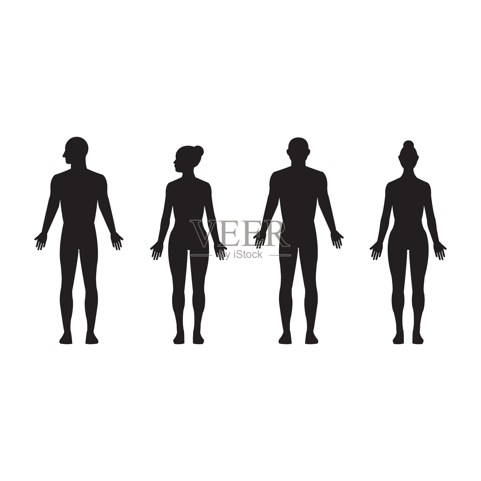 人体轮廓男性和女性，男性和女性现实黑色孤立图标向量集设计元素图片