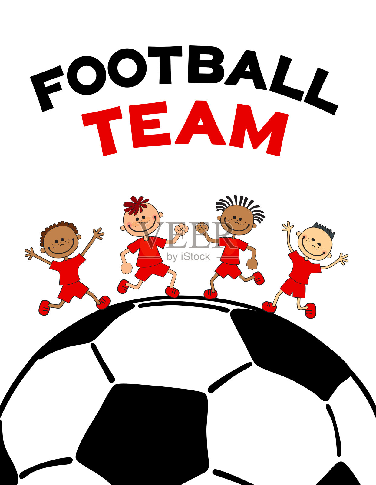 海报上的孩子，足球上的男孩。平面矢量插图与文本足球字母插画图片素材