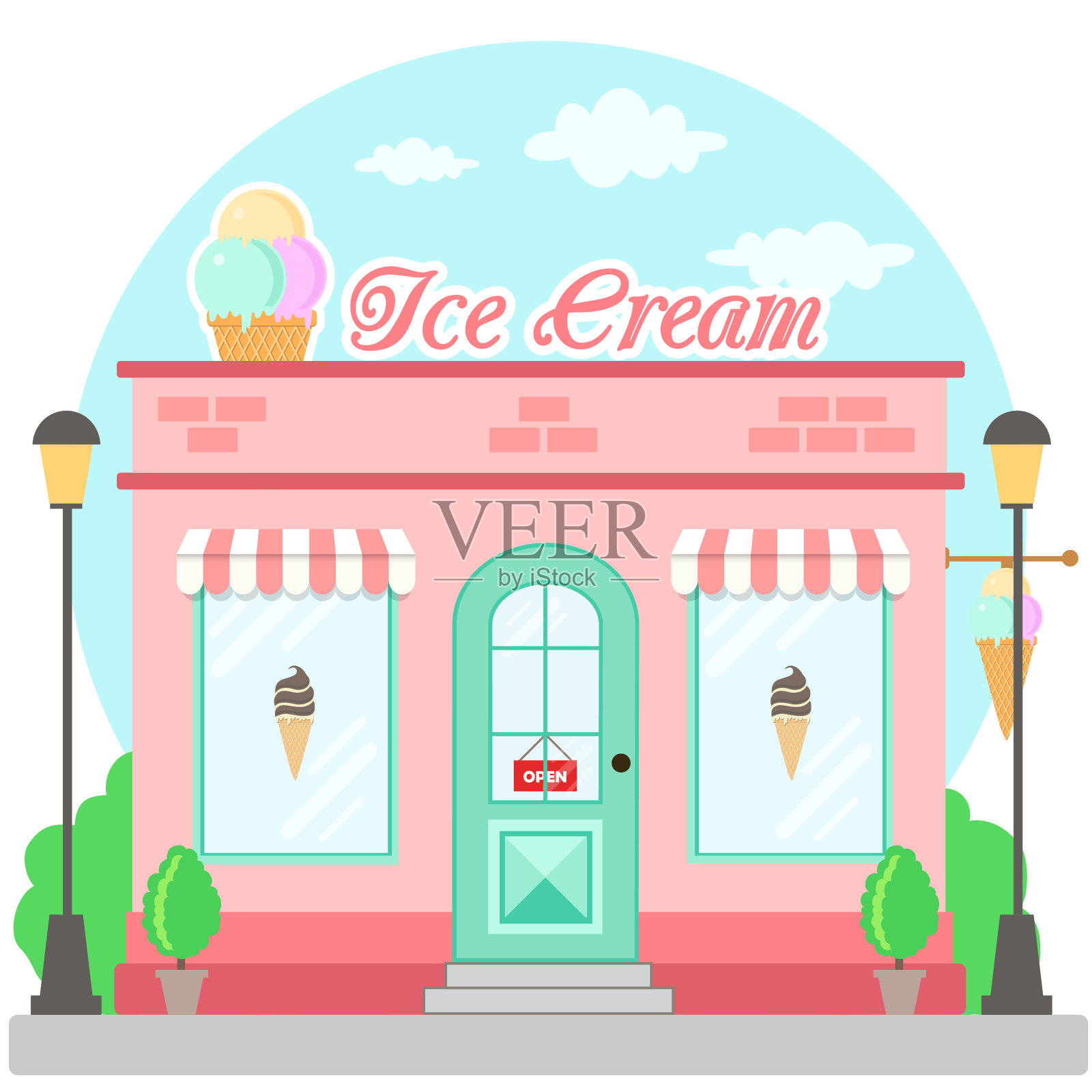 冰淇淋店的正面有一个招牌插画图片素材