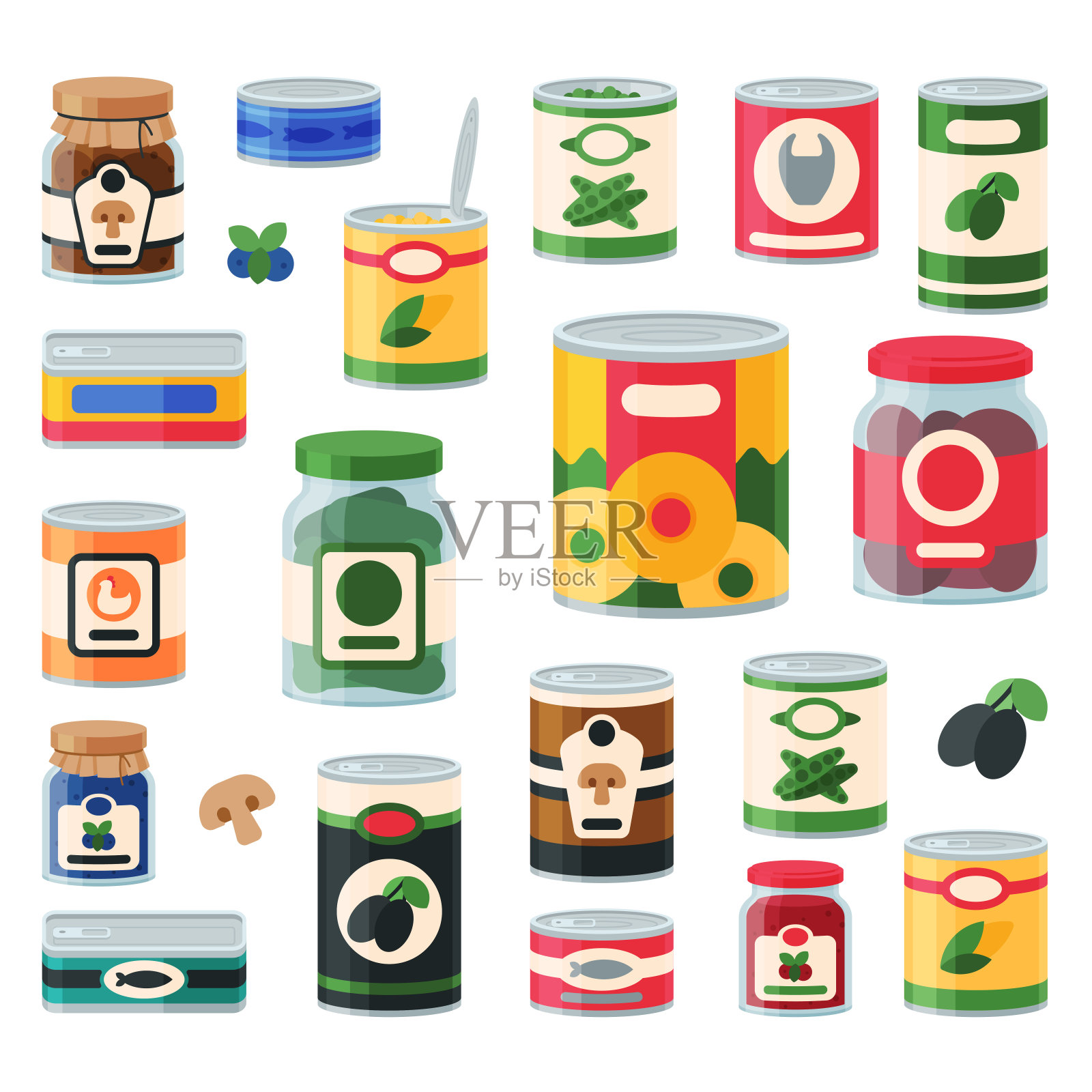 罐头食品，食品容器，杂货店和产品储存铝标签保存矢量插图设计元素图片