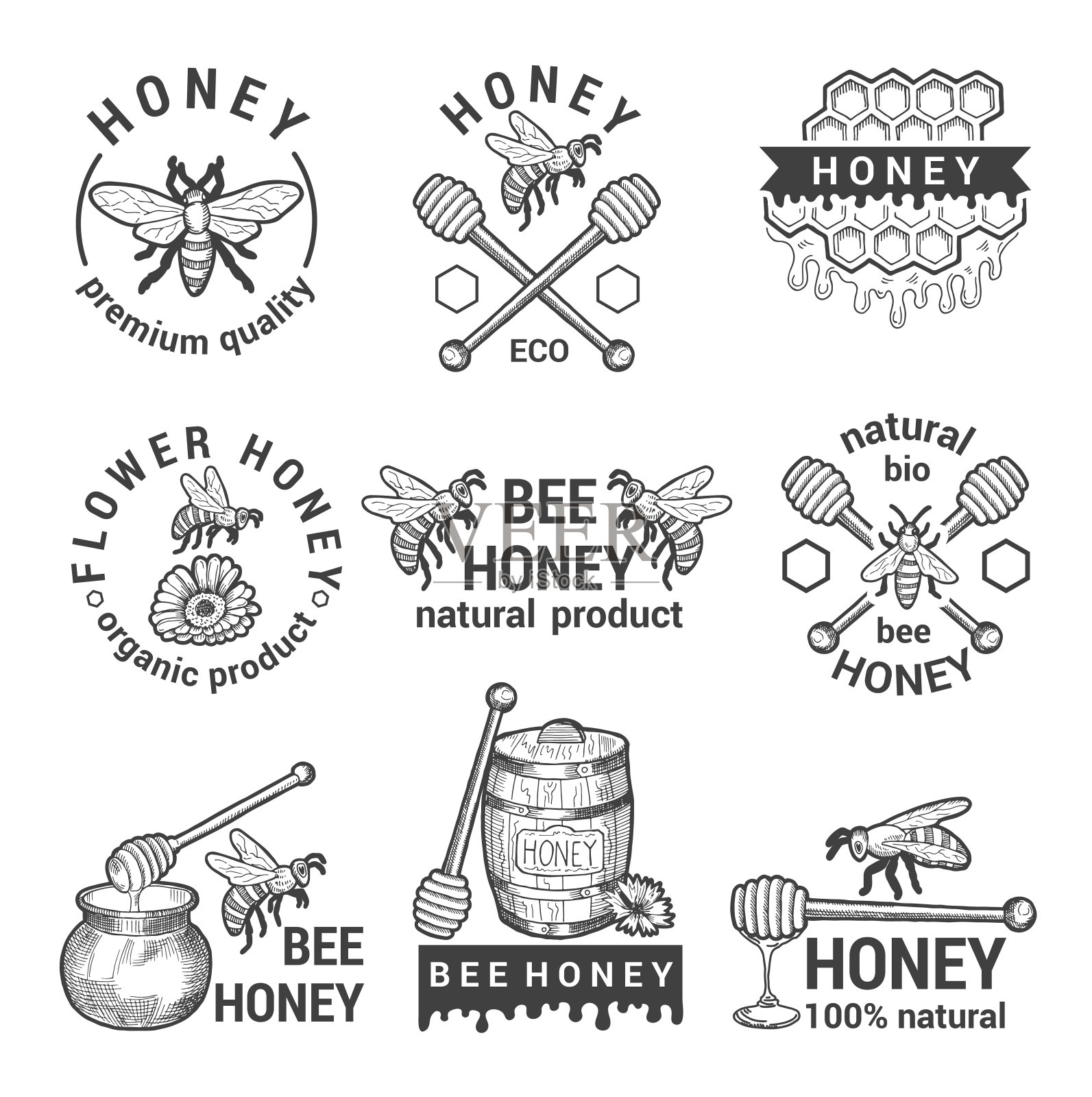 黑白标签设置蜂蜜，蜜蜂和蜂窝设计元素图片