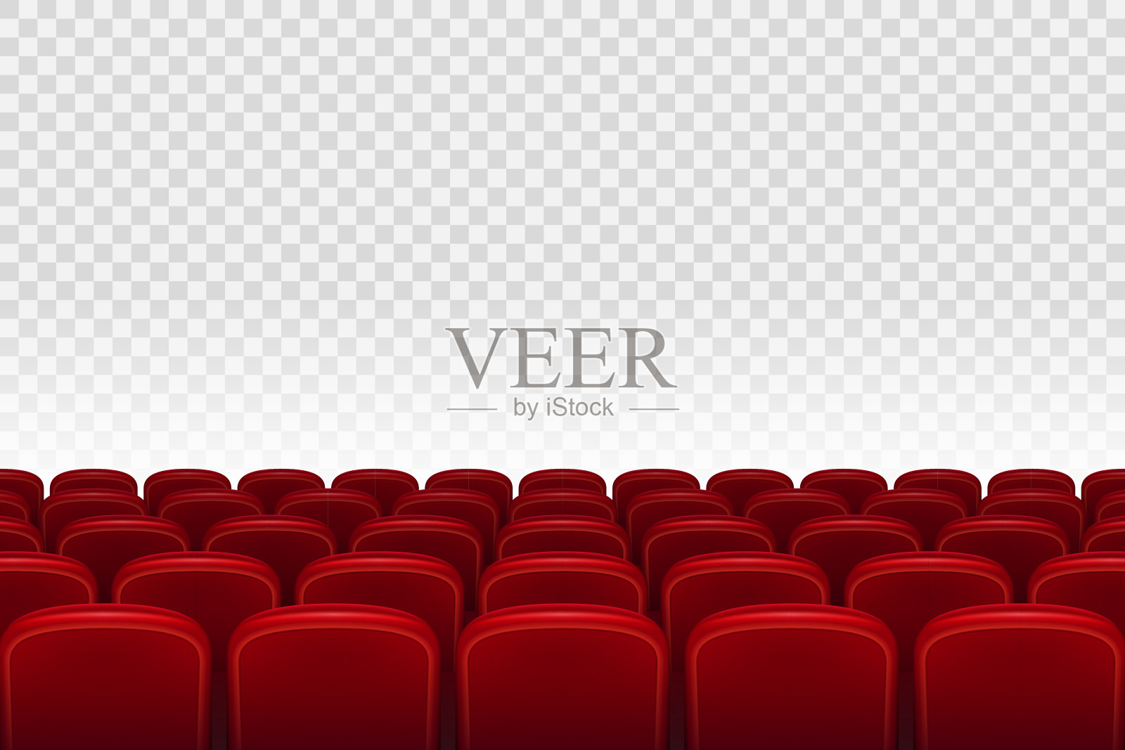 空荡荡的电影院礼堂里有红色的座位。一排排的红色电影院电影院的座位上透明的背景，矢量插图插画图片素材