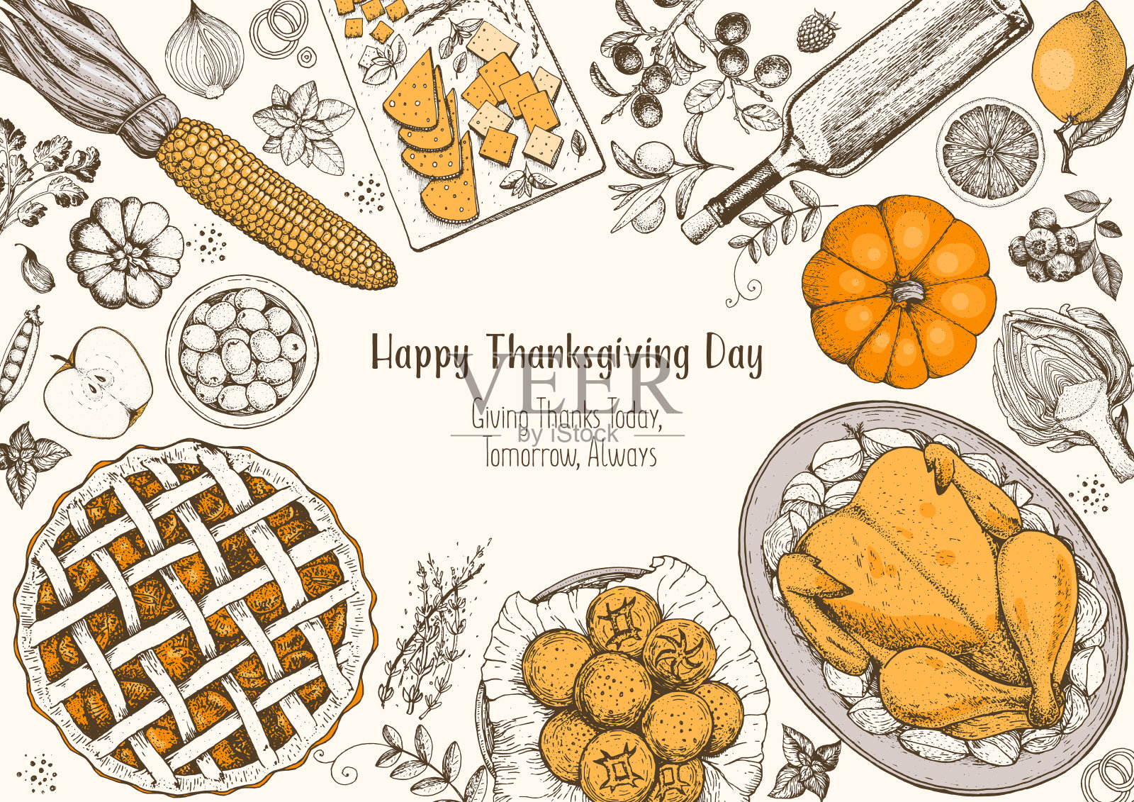 感恩节俯视图矢量插图。食物手绘素描。节日晚餐有火鸡和土豆，苹果派，蔬菜，水果和浆果，奶酪。秋季粮食草图。雕刻的形象。插画图片素材