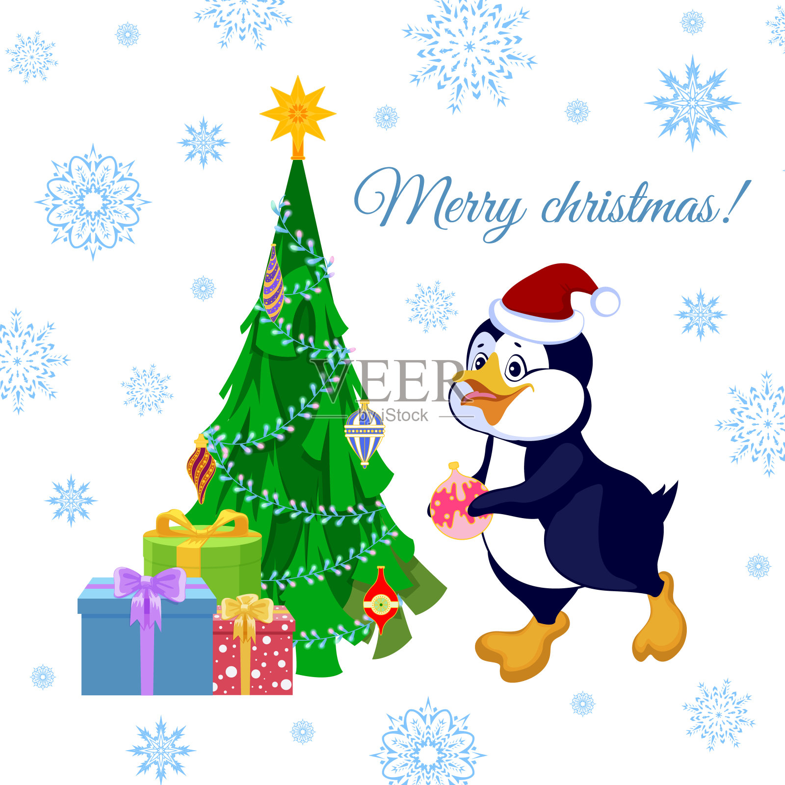 用企鹅装饰圣诞树的圣诞贺卡。向量插画图片素材