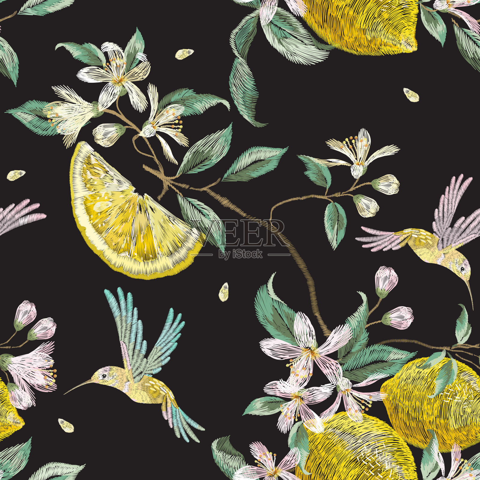 刺绣时尚无缝图案与蜂鸟和柠檬花。背景图片素材