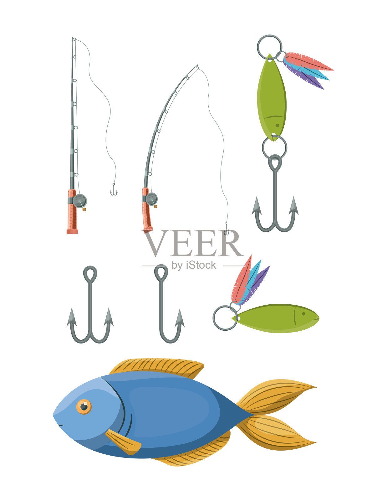 多彩的集合元素的鱼竿和鱼钩插画图片素材