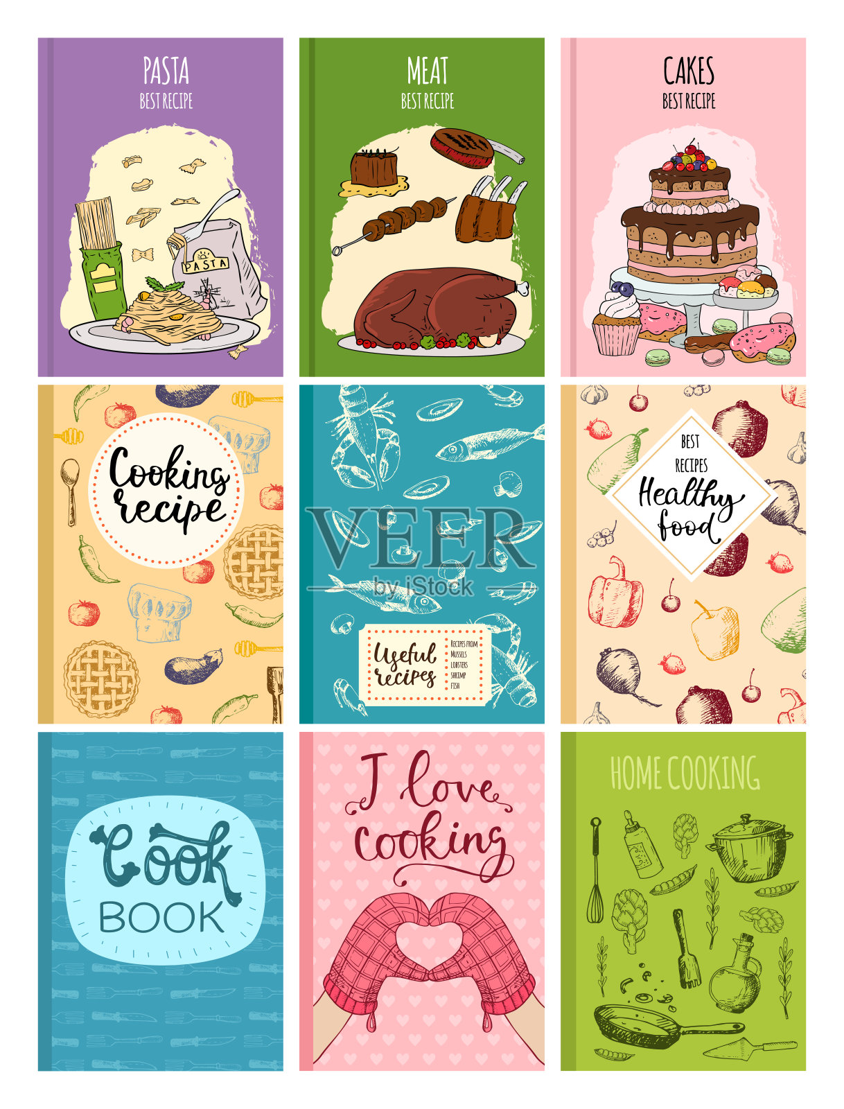 烹饪食谱书籍封面厨房设计卡片模板手绘烹饪饼干笔记与涂鸦厨房用具矢量插图插画图片素材