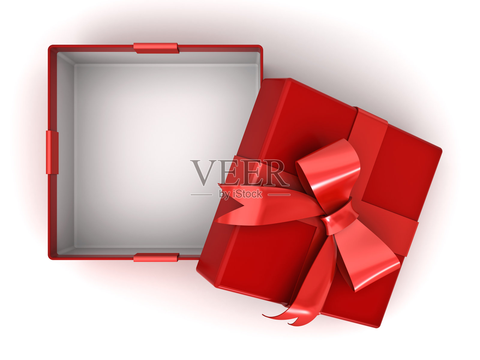 打开红色礼盒或带有红色丝带蝴蝶结的礼盒，盒子内留出空白，以白色背景和阴影隔开。三维渲染照片摄影图片