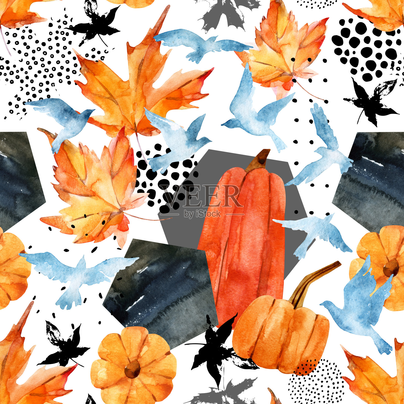 秋天的水彩背景:树叶，鸟的剪影，南瓜，六边形。插画图片素材