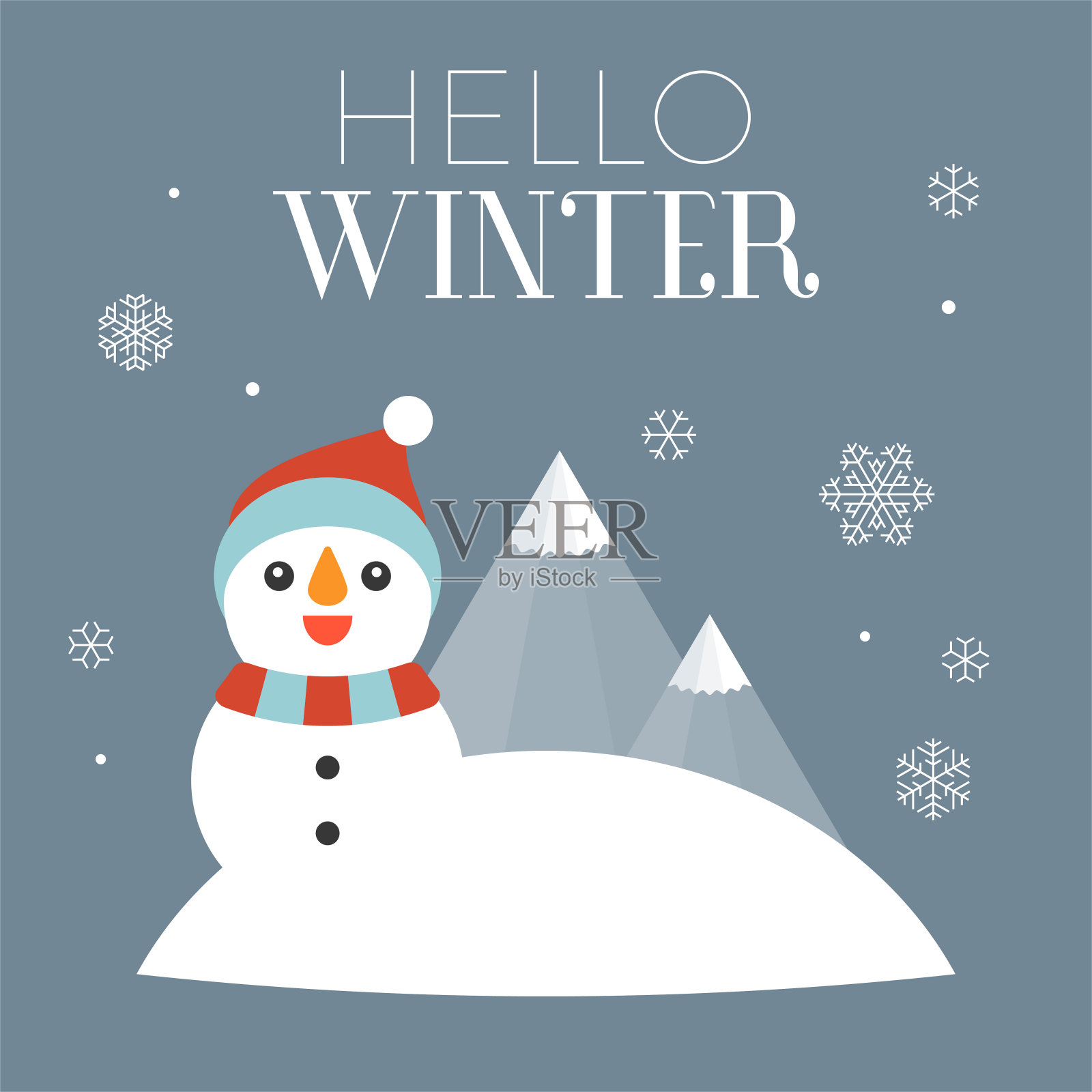 你好冬季字体与雪人和飘落的雪花插图，平面设计矢量插画图片素材
