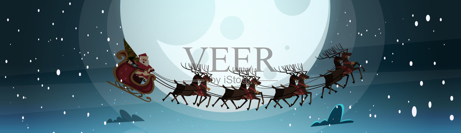 圣诞老人在驯鹿雪橇在夜晚的天空在月亮，圣诞快乐和新年横幅冬季假期概念插画图片素材