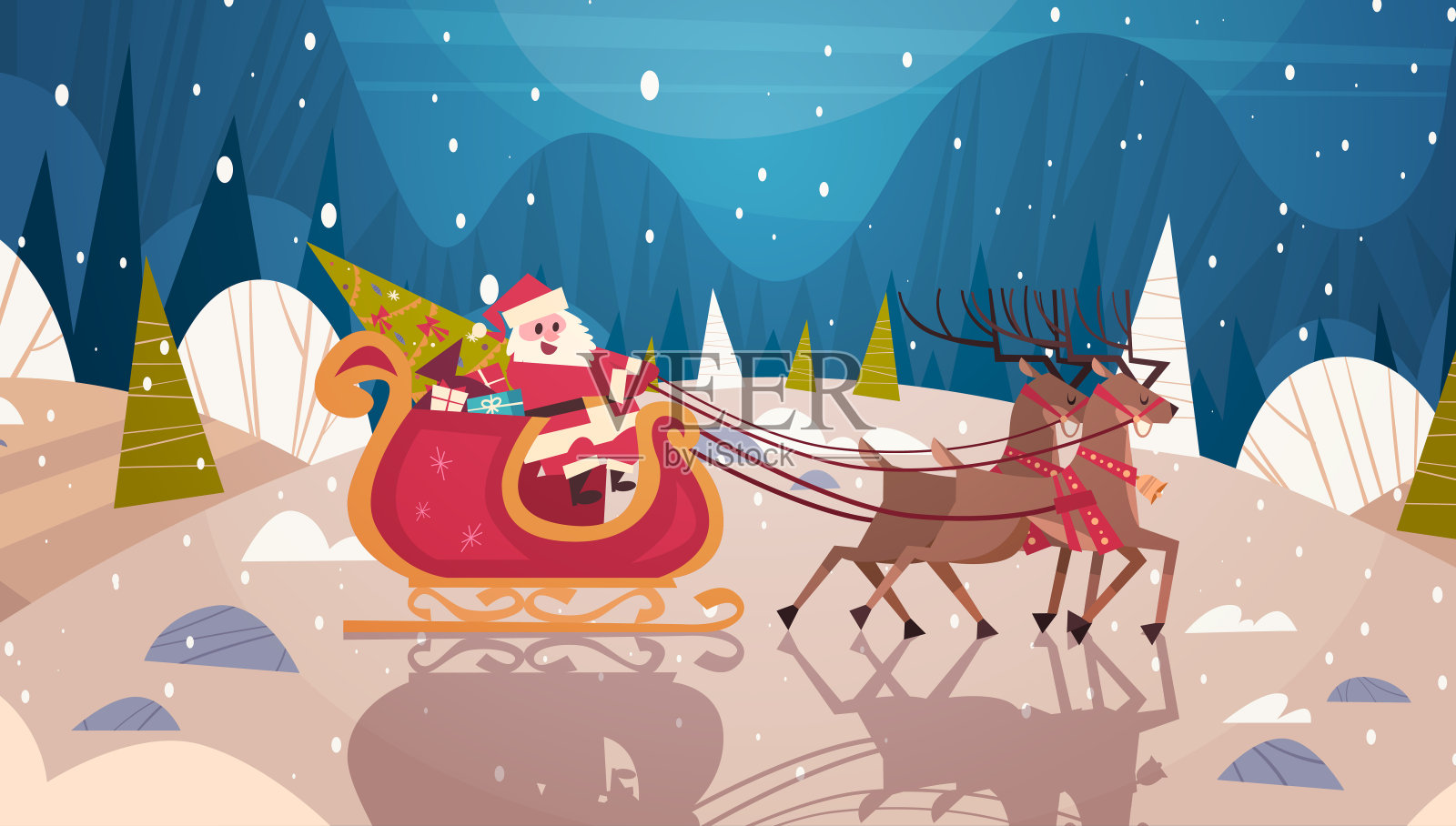 圣诞老人骑驯鹿雪橇在森林里，圣诞快乐和新年横幅冬季假期概念插画图片素材