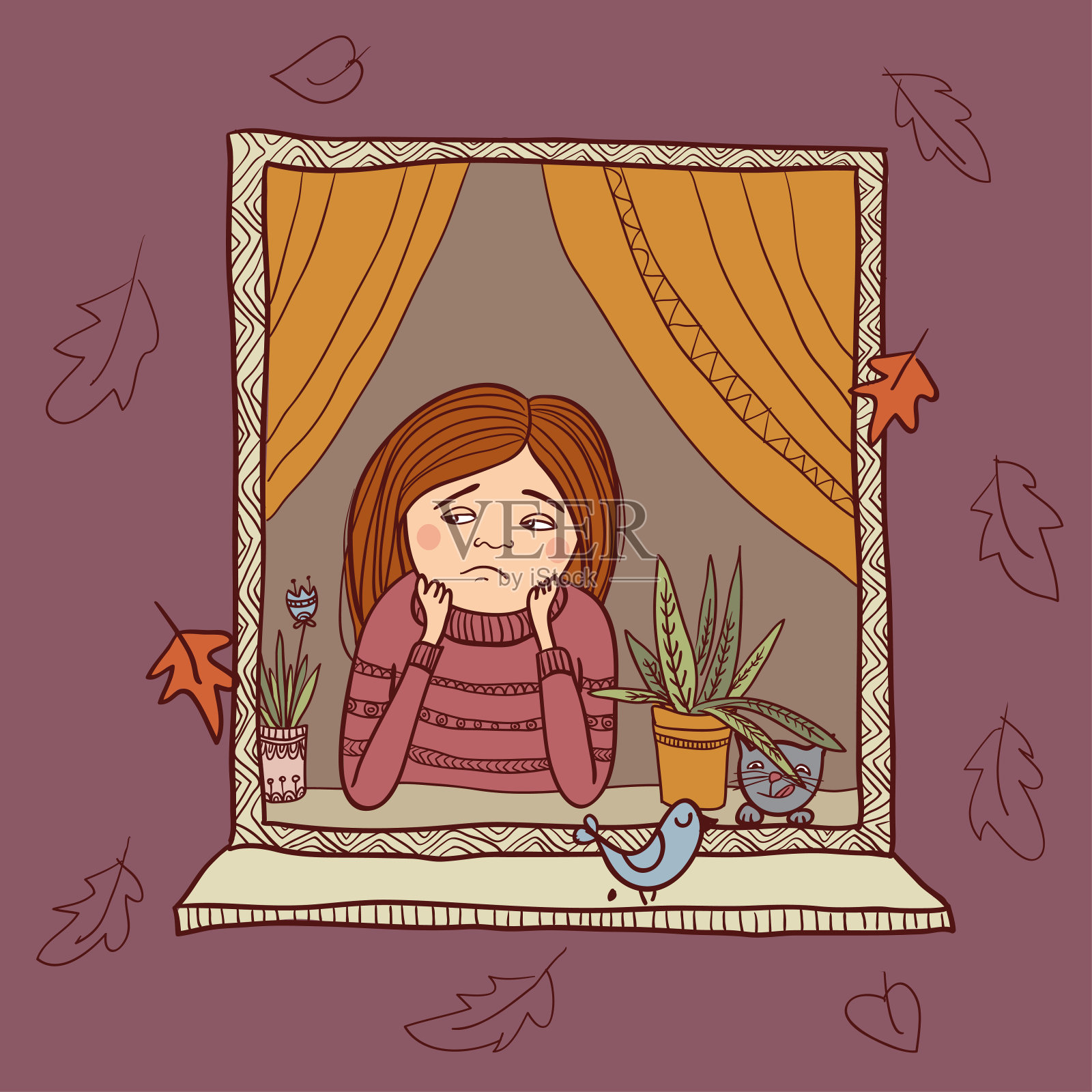 悲伤的女孩看着窗外秋天的插图插画图片素材