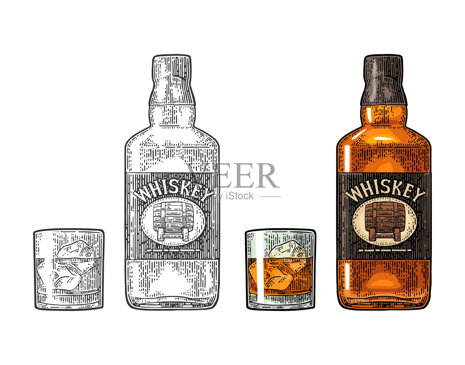 威士忌酒杯与冰块和酒瓶标签与桶设计元素图片