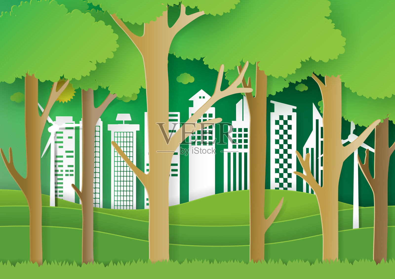 森林生态城市纸艺术背景插画图片素材
