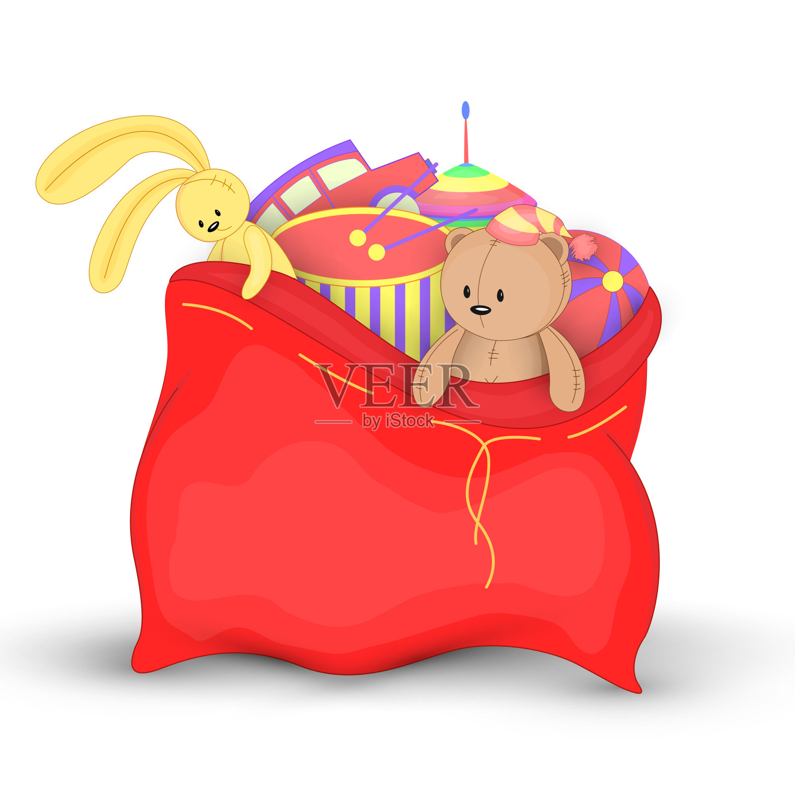 圣诞红袋子里装着礼物和玩具。可爱的圣诞老人的圣诞包。孤立在白色背景上。柔软的玩具泰迪熊。插画图片素材