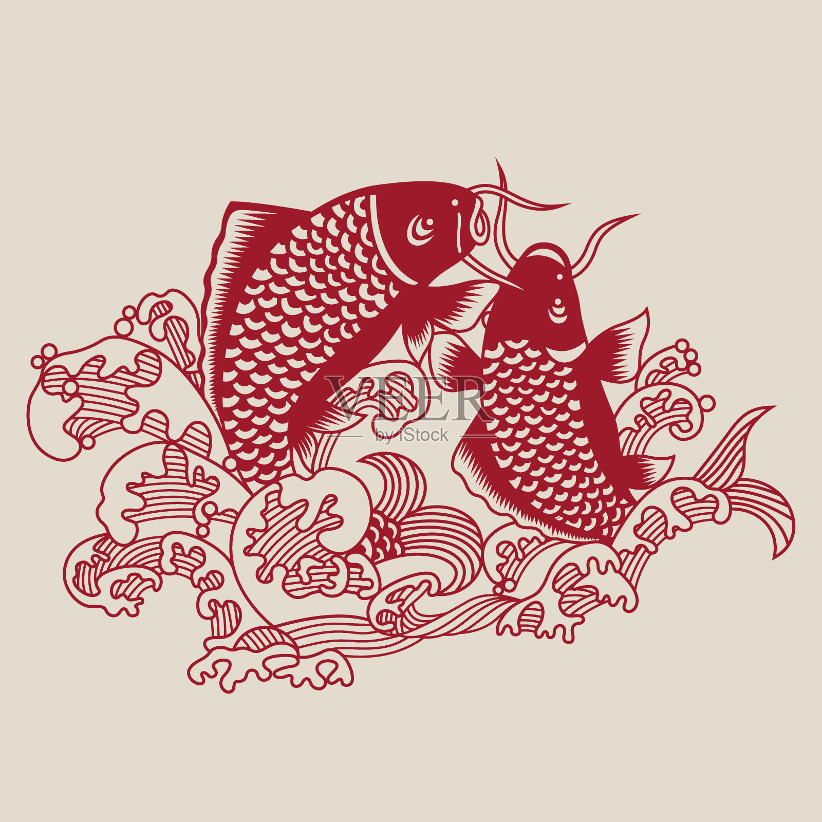 鱼(中国传统剪纸艺术)插画图片素材