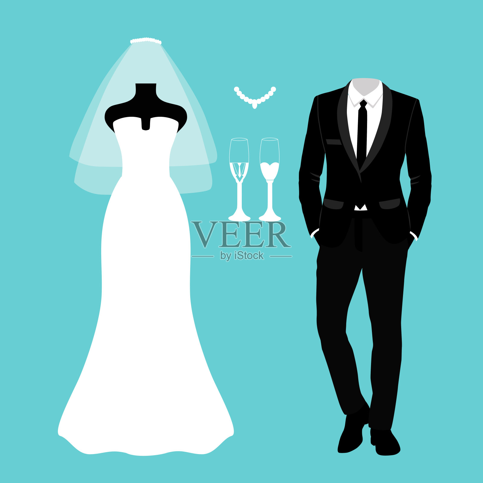婚礼卡片与新娘和新郎的衣服。插画图片素材